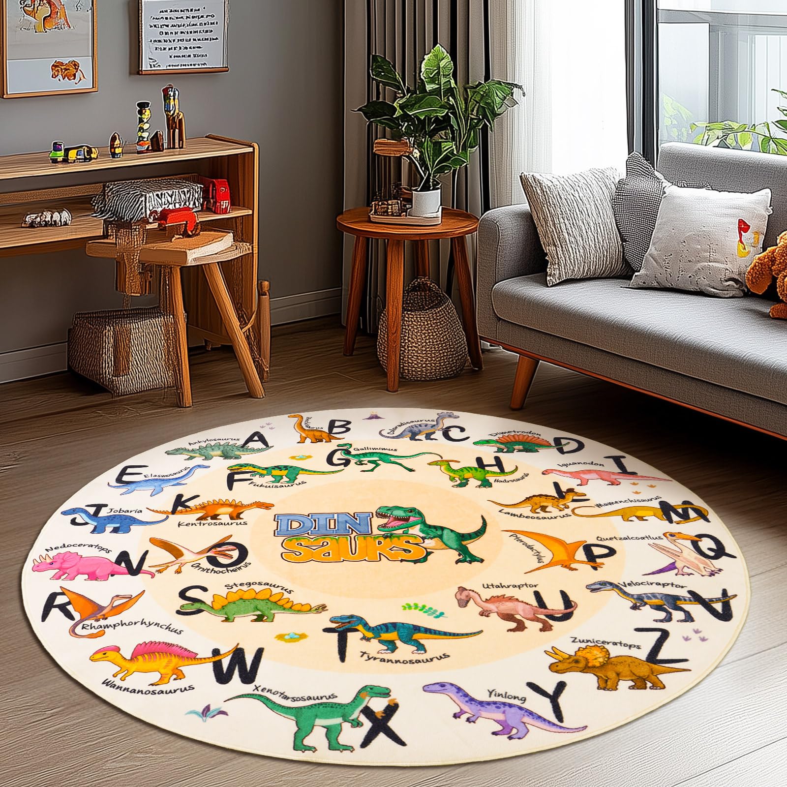 GthreeD Round Kids Play Rug Dinosaurs Round 120 cm Soft & Non-Slip Soft Crawling Play Mat for Children Toddlers Bedroom Playing and Learning,Washable Classroom Rug - Image 3