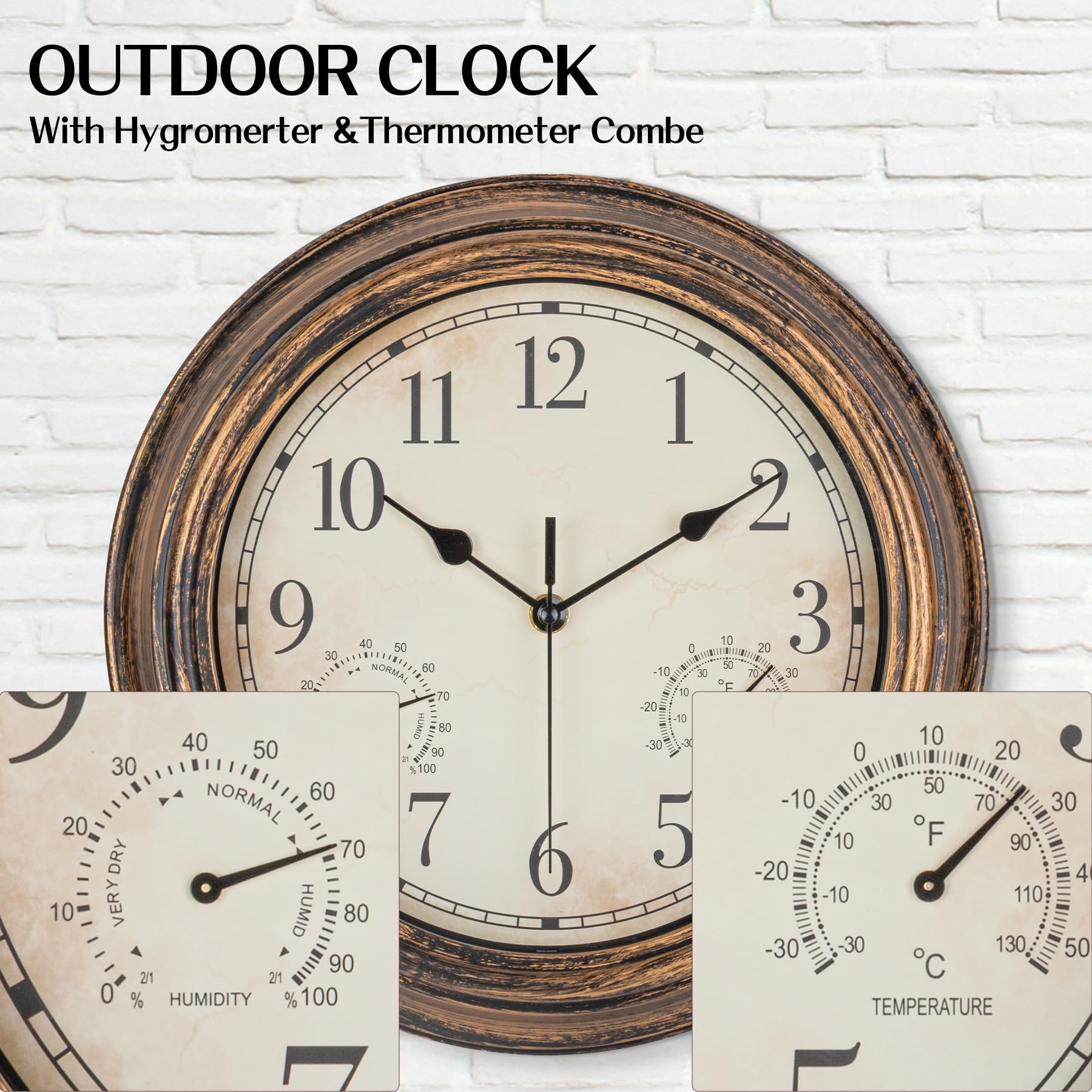 Horloge murale de jardin - Étanche - Vintage - Avec thermomètre et humidité - 30 cm - Sans tic-tac - Résistante aux intempéries - Pour terrasse, piscine, porche, jardin, salle de bain