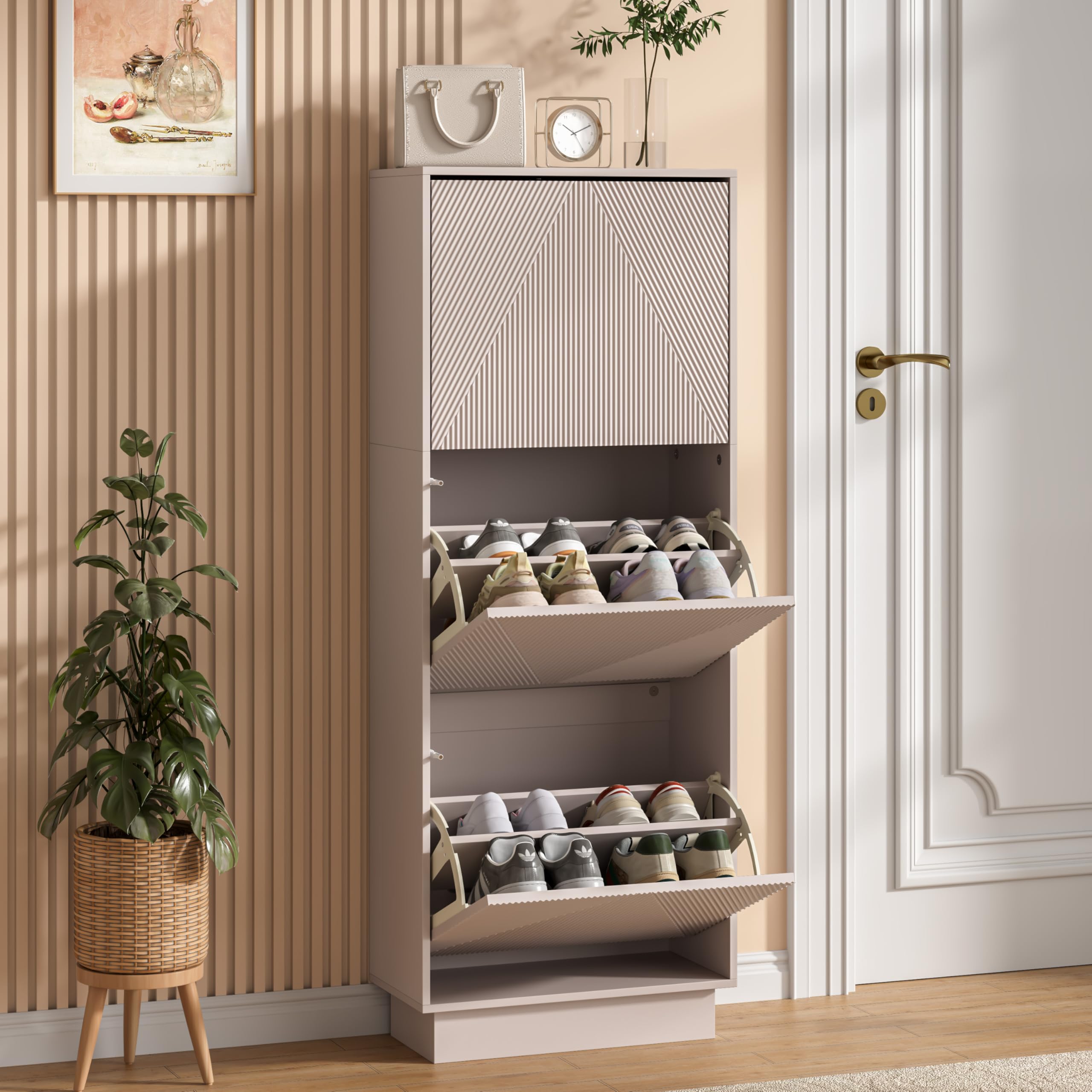 UEV Slim Shoe Cabinet with 3 Flip Drawers, Carved Line Fronts, Narrow Storage Unit with Anti-Tip Design for Hallway, Living Room or Entryway, Cashmere