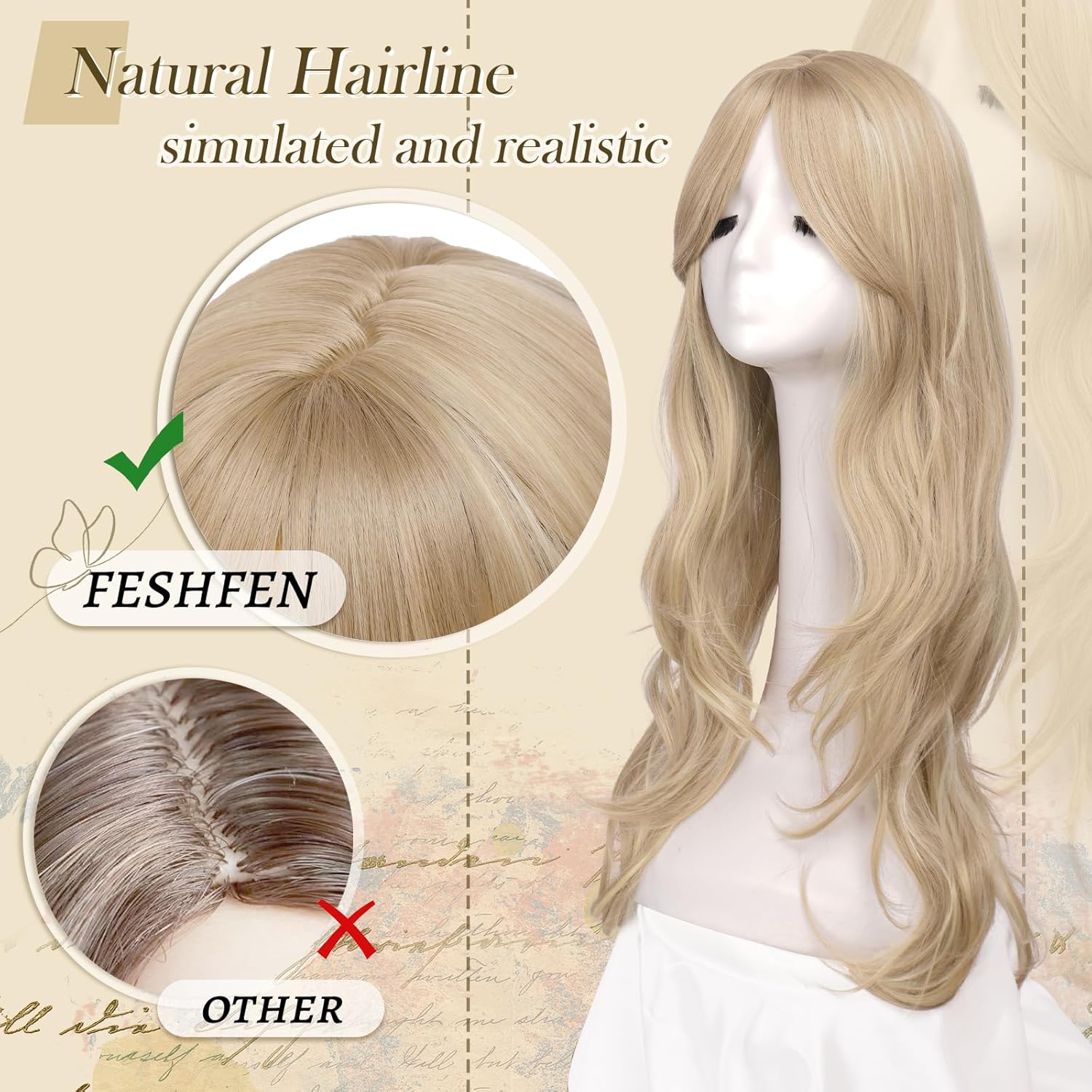 FESHFEN Blonde Wigs for Women, Long Layered Wigs with Curtain Bangs Natural Looking Synthetic Heat Resistant Hair Wig for Daily Use Party, 26 inch Dirty Blonde - Image 4
