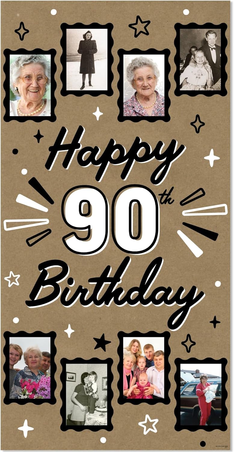 Big Dot of Happiness 90th Birthday Kraft Photo Banner, Happy 90th Birthday Brown Paper Photo Display for 4x6 Pictures, Milestone Party Decorations, Vertical Memory Wall Banner – 1 Ct