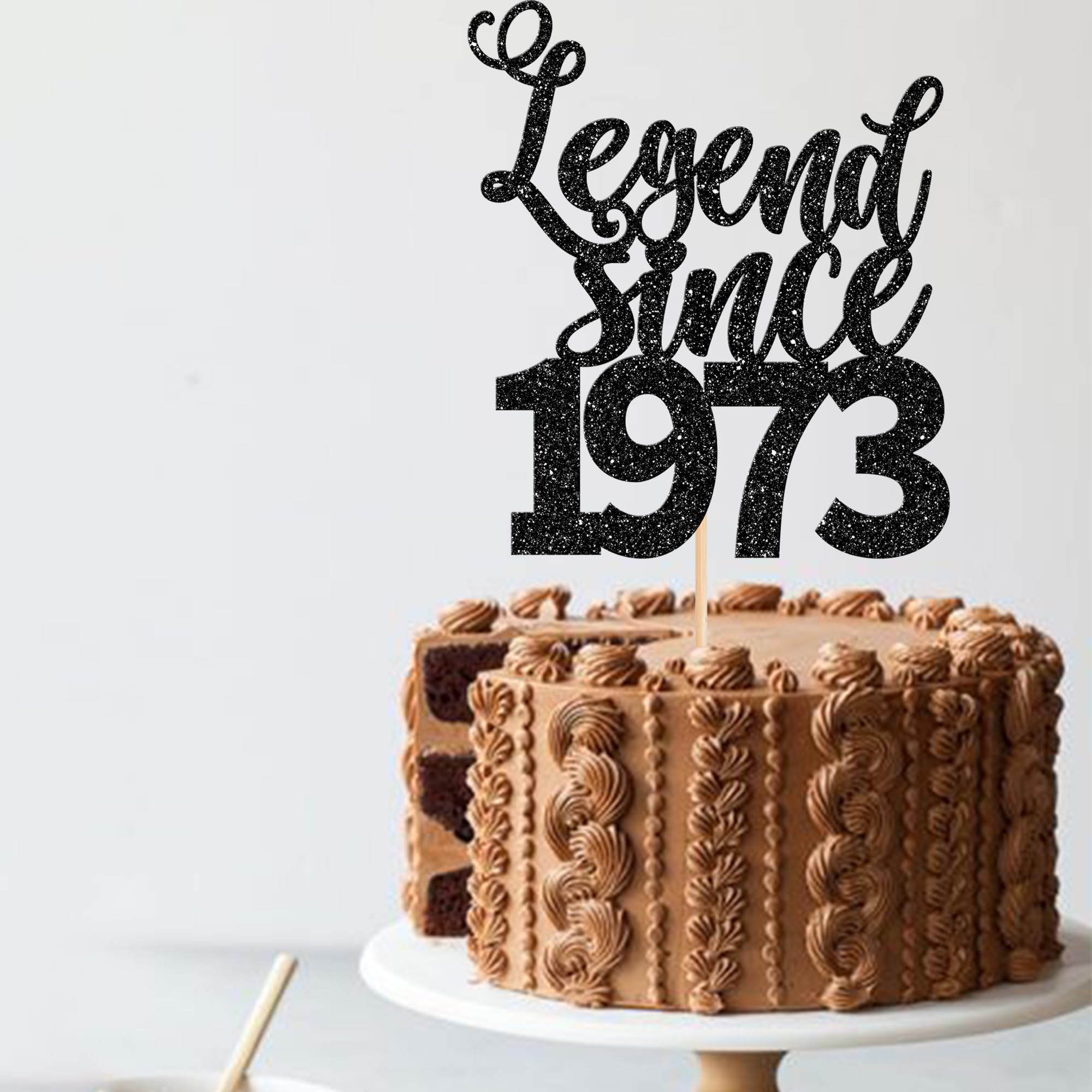"Legend Since 1975" 50th Birthday Cake Topper - Black Glitter, Handmade, 6.1 Inch Wide