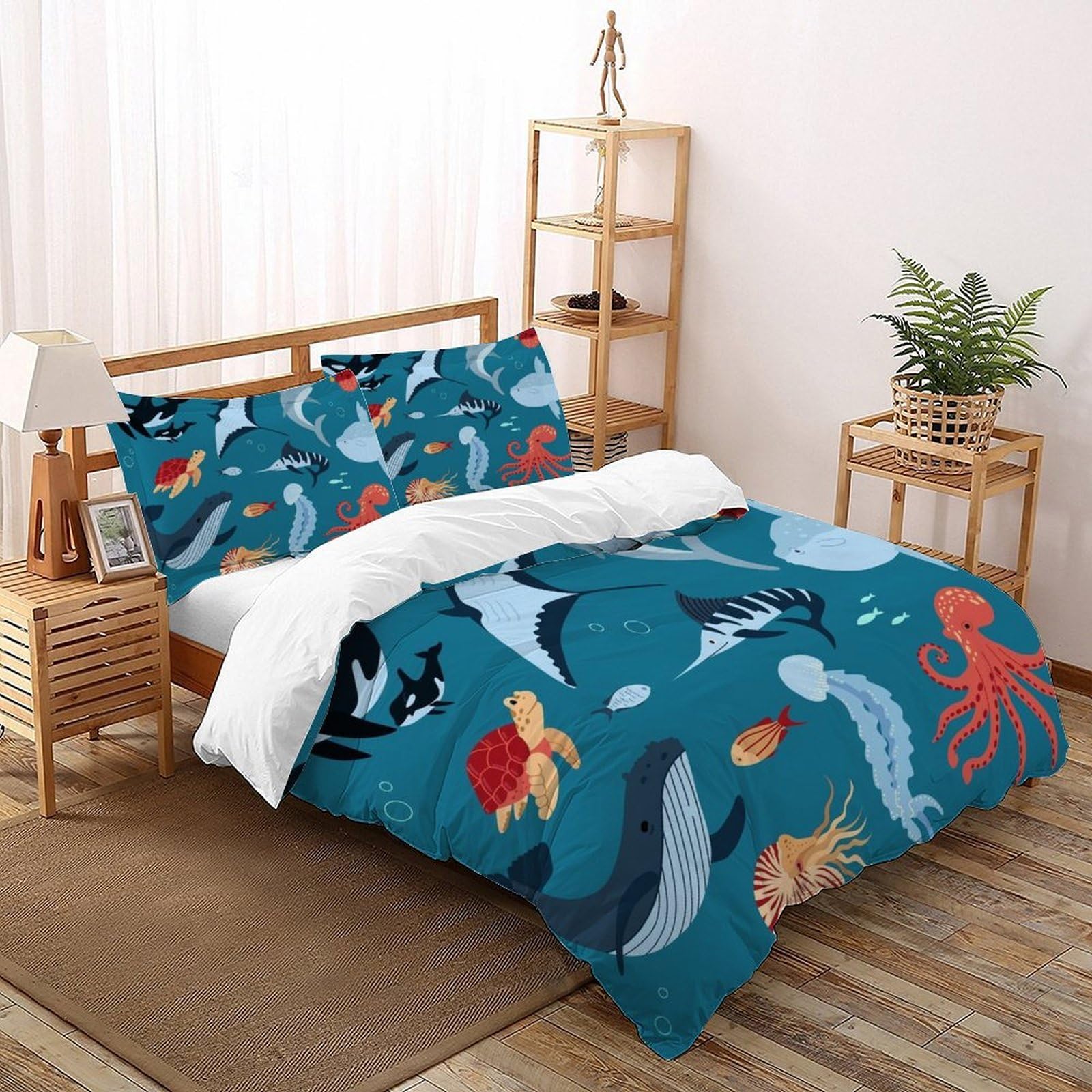 Fish Bedding Set Theme Bedspread Animal Theme Duvet Cover Set 3 Pieces Chic Breathable Comforter Cover Universal for All Seasons with Pillowcase Double（200x200cm）