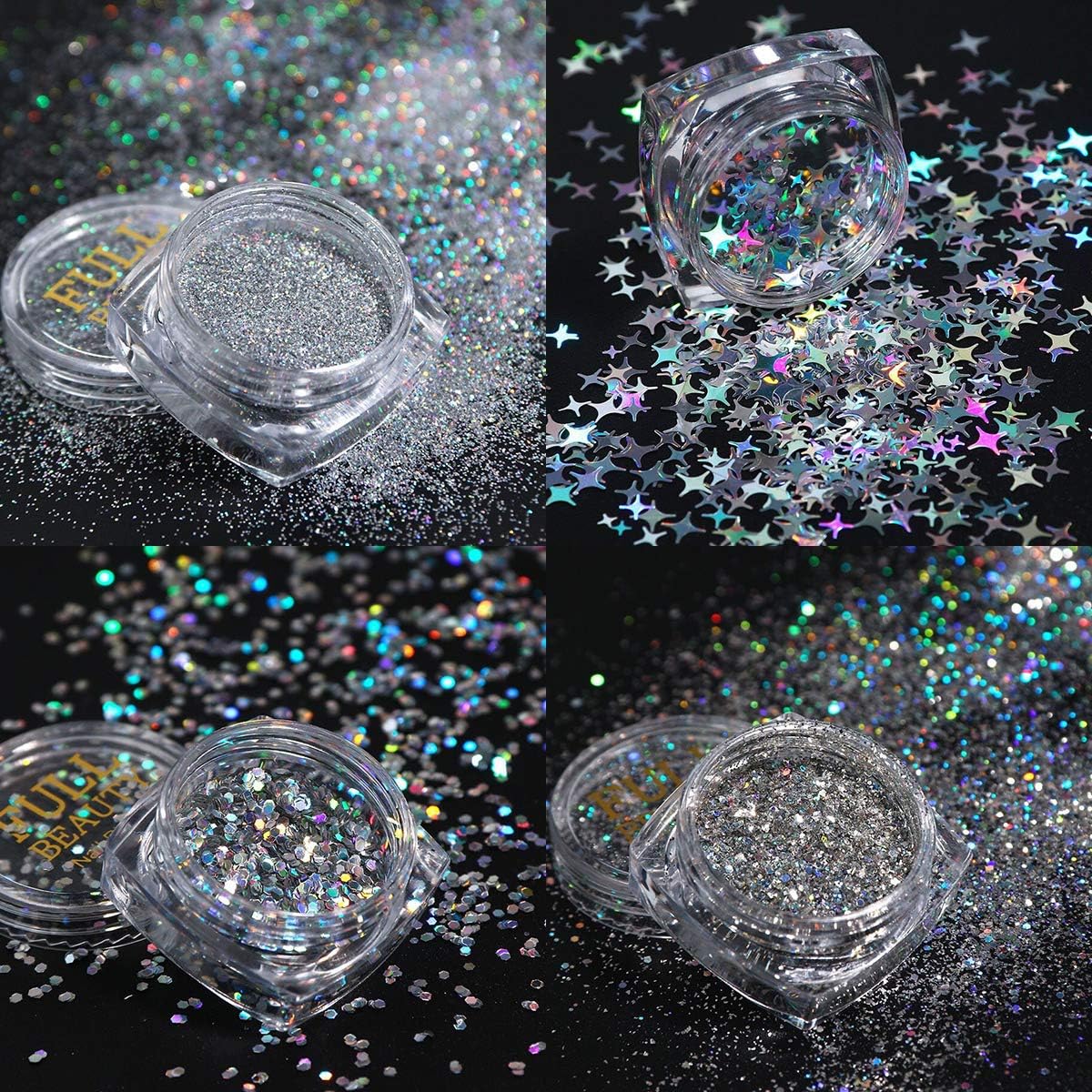 KISSBUTY 8 Boxes Holographic Nail Art Sequins Glitter Set - Metallic Shining Flakes Silver Nail Glitter for Manicure
