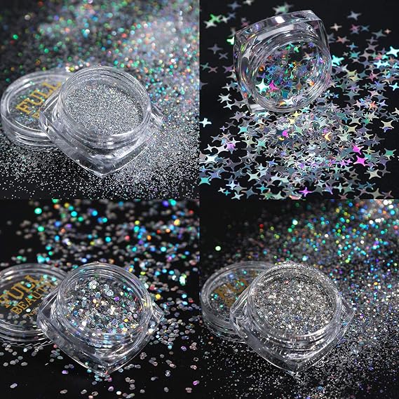 KISSBUTY 8 Boxes Holographic Nail Art Sequins Glitter Set - Metallic Shining Flakes Silver Nail Glitter for Manicure