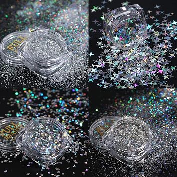 KISSBUTY 8 Boxes Holographic Nail Art Sequins Glitter Set - Metallic Shining Flakes Silver Nail Glitter for Manicure