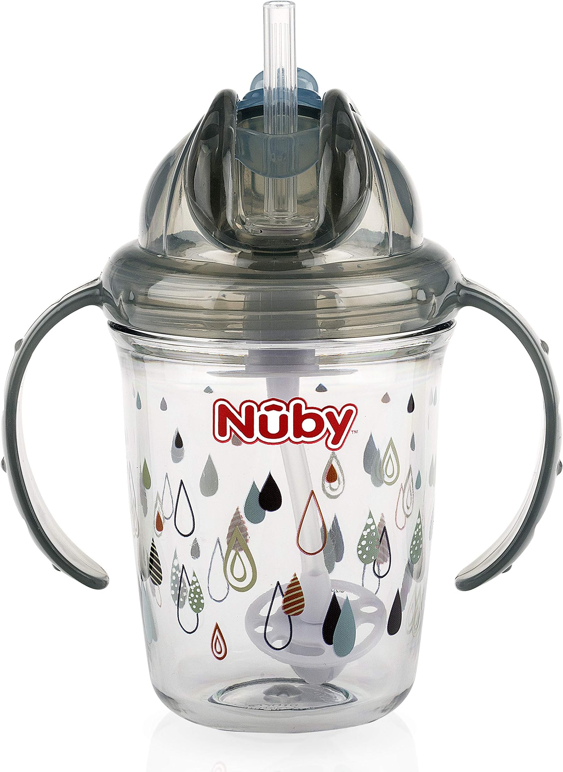 NubyTritan No Spill Flip N' Sip Twin Handle Printed Cup with 360 Weighted Straw (Gray, Tie Rain)