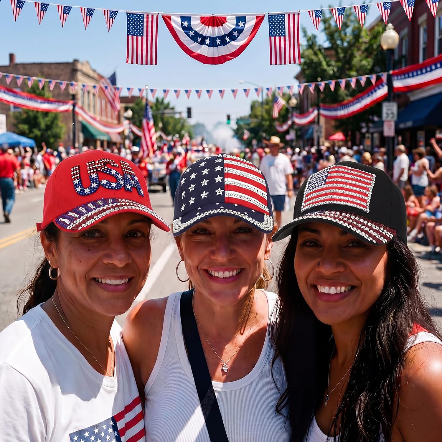 Unittype 3 Pcs American Flag Hats for Women Rhinestone Baseball Caps Sparkly USA Caps 4th of July Patriotic Hats for 250 Anniversary USA