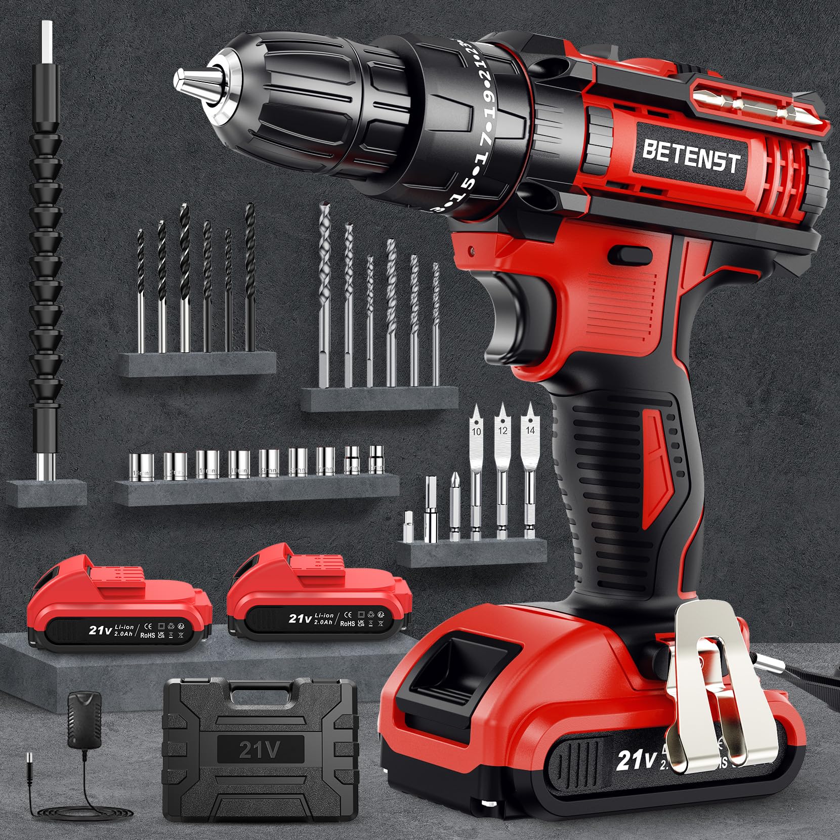 BETENST 21 V Cordless Drill Driver with 2 x 2.0Ah Batteries, 2 Speeds, 25 + 3 Pairs, 30 Accessories, LED Light for DIY, Home and Garden