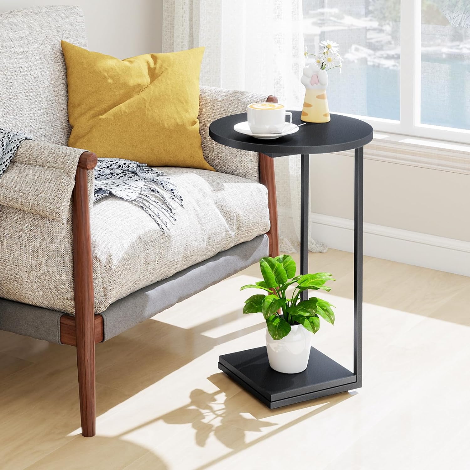 HDANI C Shaped End Table Set of 2,Couch Side Table That Slide Under,C Table End Table for Livingroom, Bedroom,Office (Black)