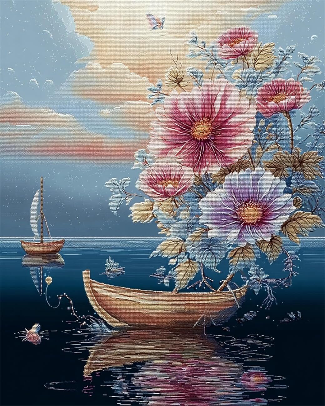 RKFLGEW DIY Bead Embroidery Kits Flowers and Boats 30x40cm