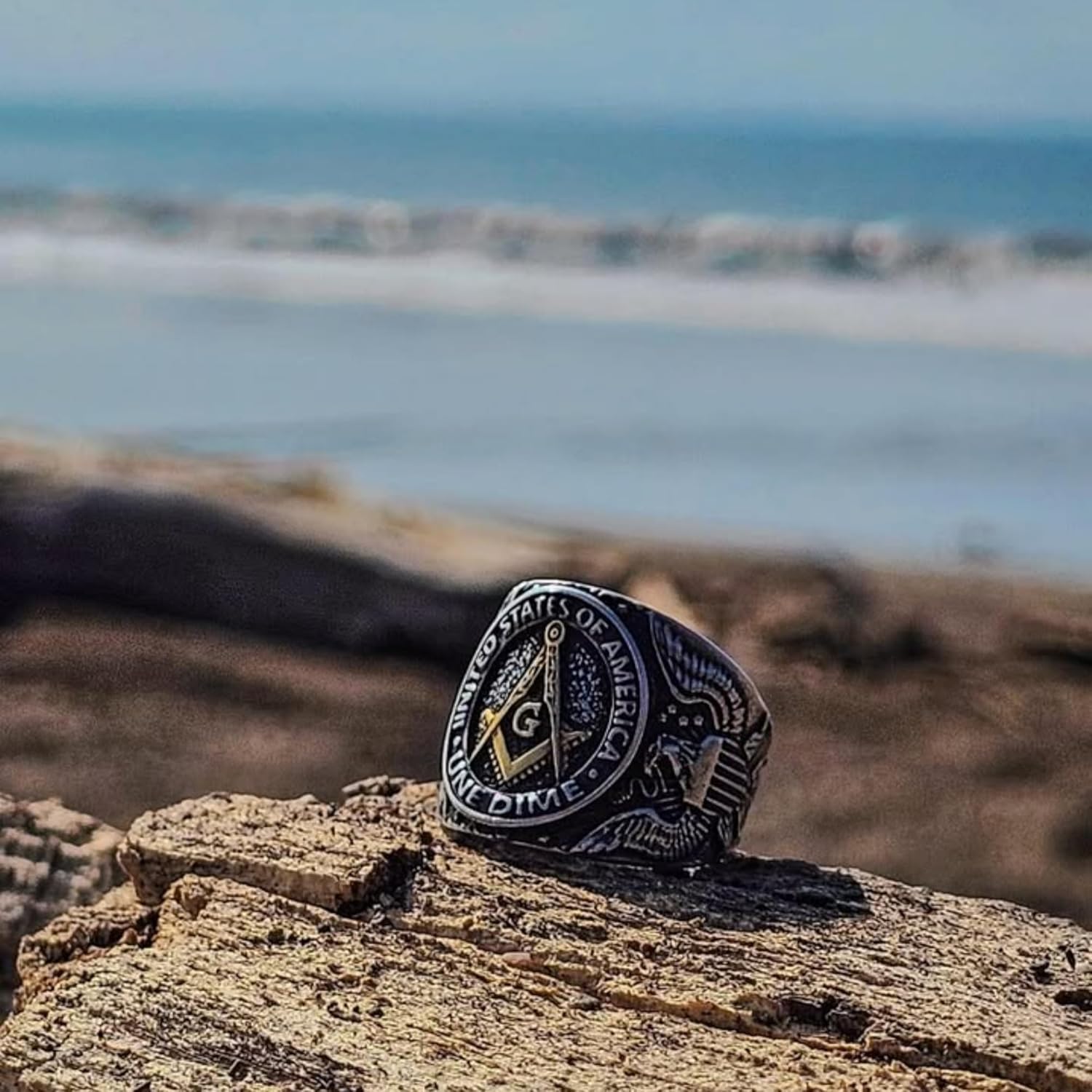 Freemason Signet Ring – Handcrafted Adjustable 1964 JFK Half Dollar & 1952 Roosevelt Dime, Double-Sided Freemasonry Symbol, Unique Silver Coin Jewelry for Men & Women