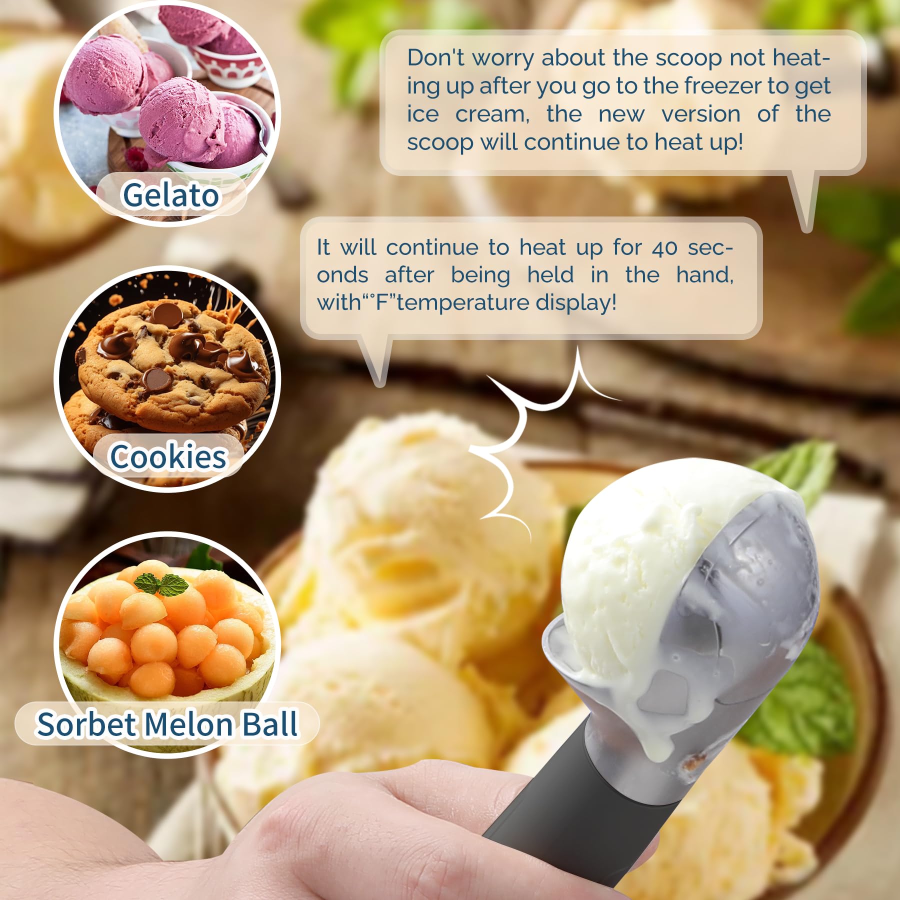 Paletta per gelato riscaldata Ricaricabile, scooper per gelato elettrico con display LED, riscalda fino a 70°C per gelato duro, facile per anziani e bambini, impermeabile IP67 (Nero)