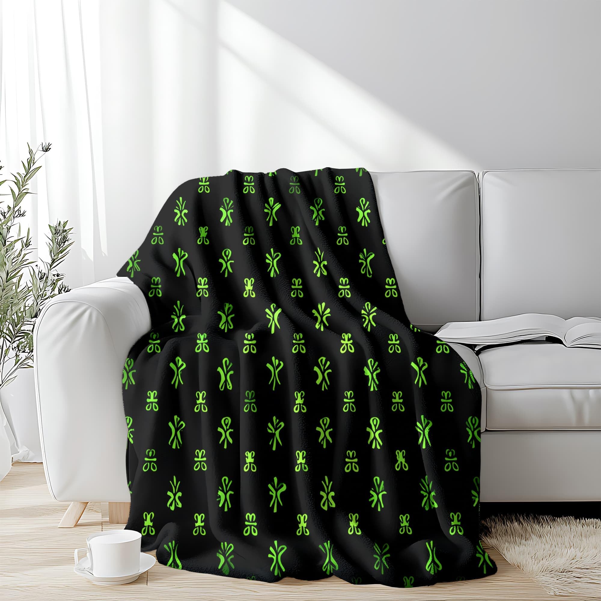 Generico Coperta Plaid di Flanella Sherpa Letto Matrimoniale Rune Misteriose di Fantascienza Copridivano in Microfibra, Verde Coperta Termica per Plaid Divano Copriletto XXL 180x200 cm