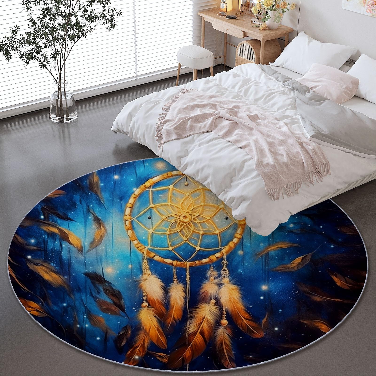 Bohémien Traumfänger-Design, rund, 90 cm, rutschfest, waschbar, mit Federn, für Schlafzimmer, Esszimmer, Kinderzimmer, Balkon, Dekoration, Gelb