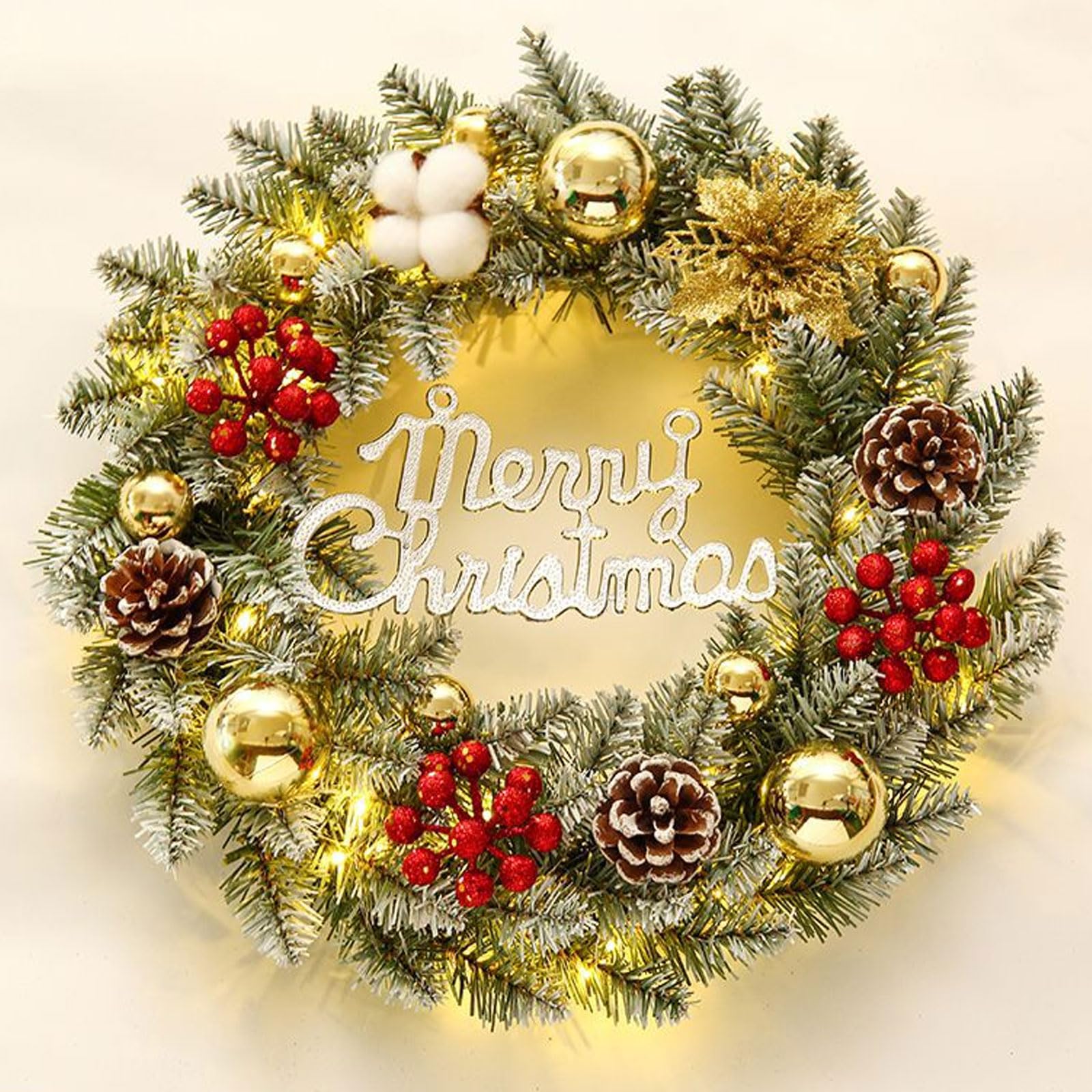 Corona de Navidad artificial preiluminada de 24 pulgadas, coronas de Navidad para puerta delantera, bayas esmeriladas decoradas con pino mixto, piñas, luces LED, decoración navideña para puerta