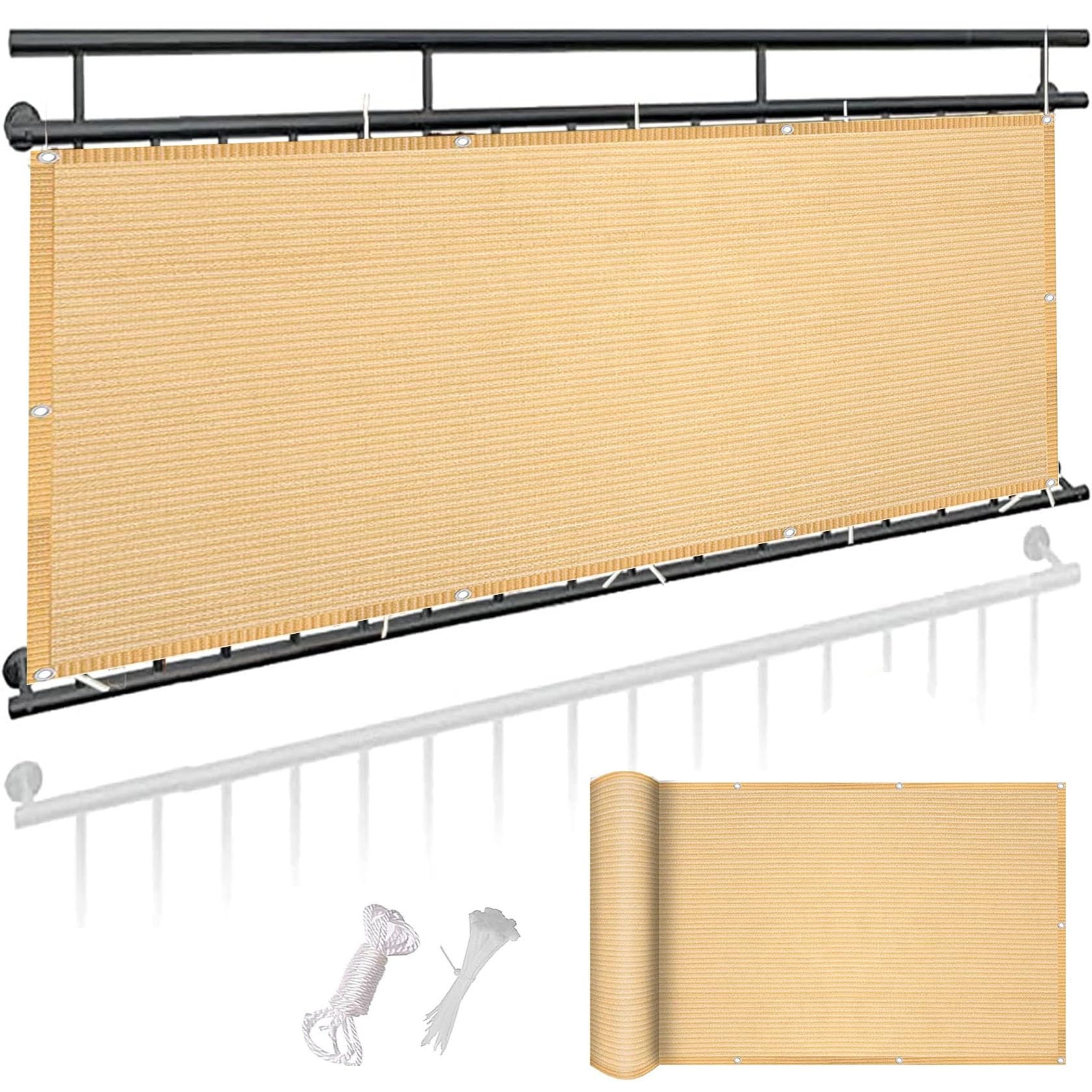 Brise vue balcon 70x320 cm jaune sable occultant et résistant aux UV avec fixations