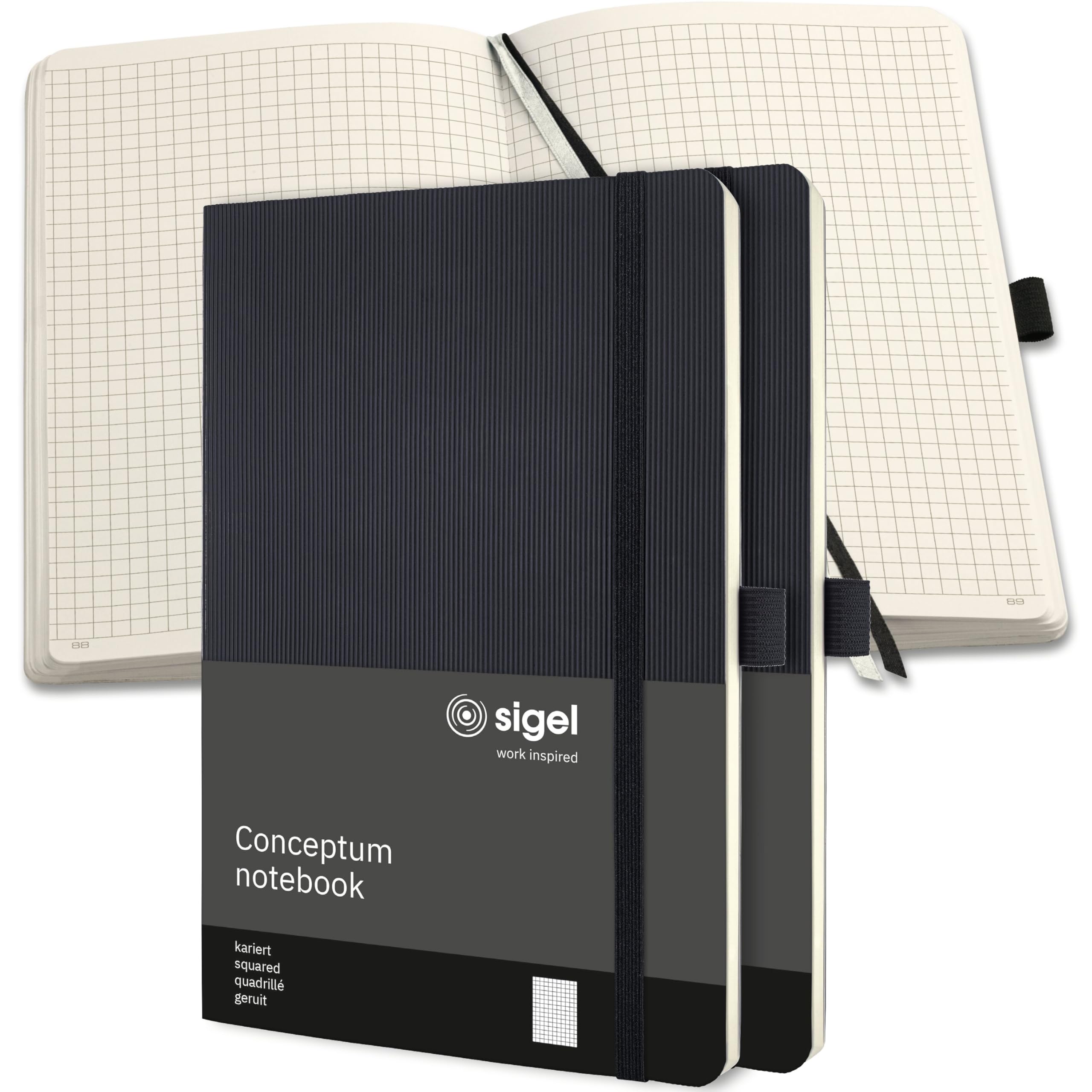 SIGEL CO320/3 Premium Notizbuch A5 kariert schwarz, Softcover, 194 nummerierte Seiten, 3er Pack, mit Inhaltsverzeichnis, Stiftschlaufe, Falttasche, Gummibandverschluss, Conceptum