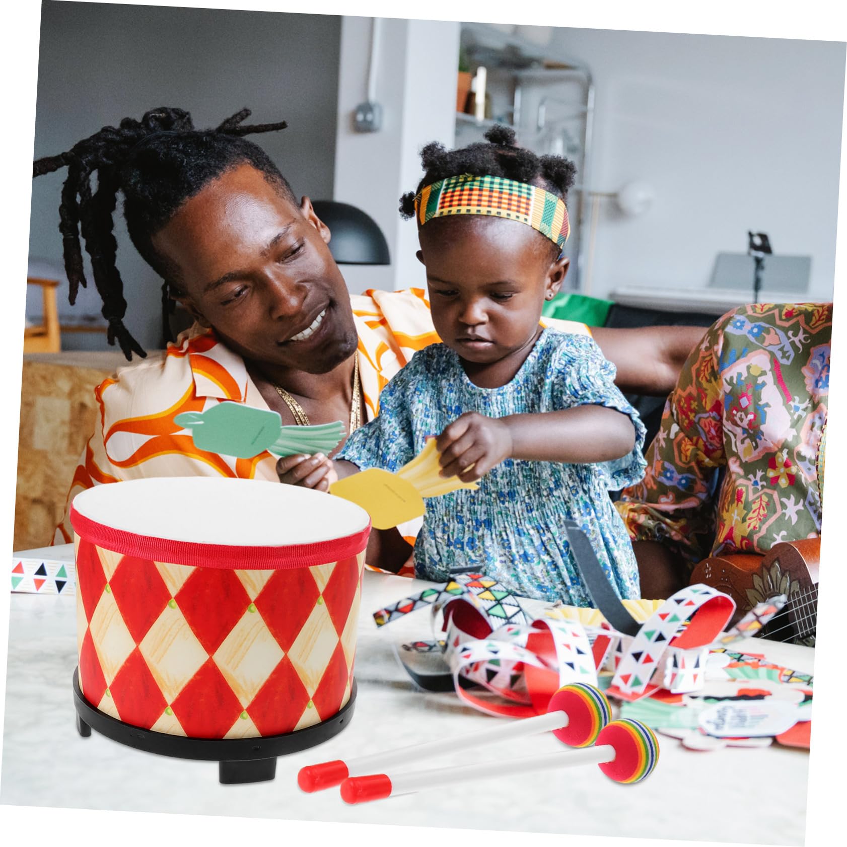 Tamburello a Mano Tamburo Musicale per Bambini Piccoli 20 Cm con Design Rosso a Griglia per Gioco Educativo Individuale e Attività di Gruppo
