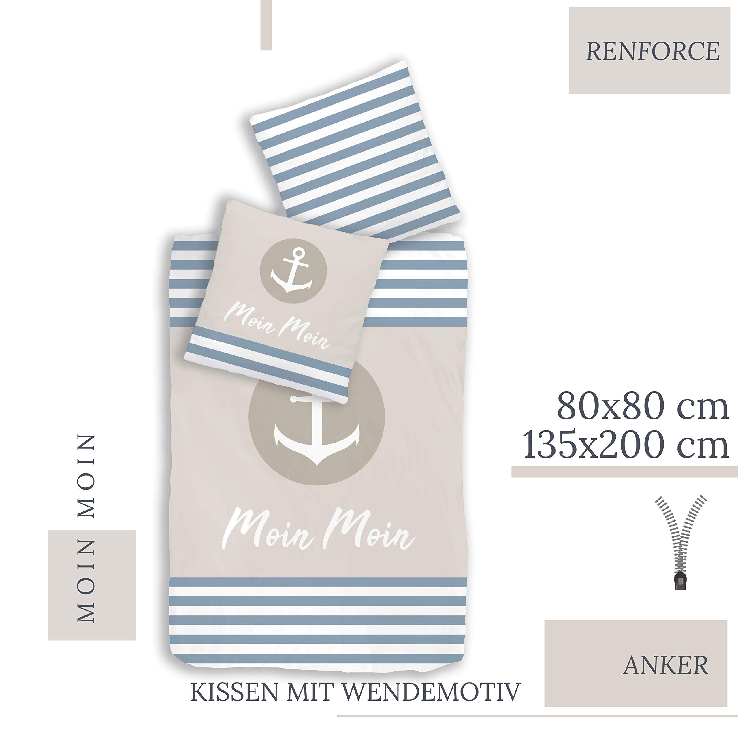 TRAUMHELDEN Anker Bettwäsche 135x200 · Bettwäsche-Set · Moin Moin · 1 Kissenbezug 80x80 + 1 Bettbezug 135x200 cm - 100% Baumwolle · 2-teilig
