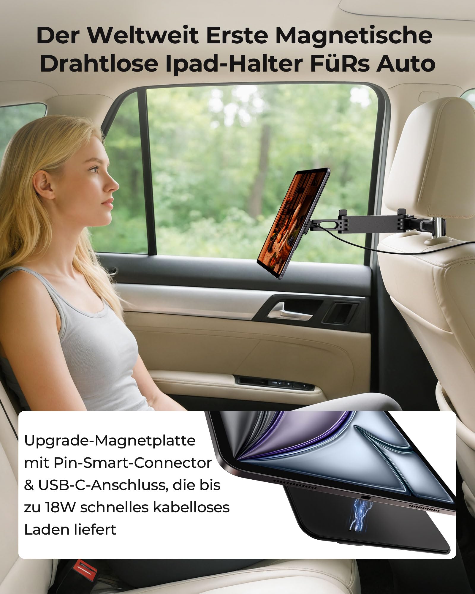 KU XIU Magnetisches Laden Tablet-Halterung Kopfstütze für iPad Pro 12.9/Air 13 M2/M3, Lange Arm Tablet-Halterung Rücksitz für Kinder, Ständer für Roadtrip-Zubehör für iPad Pro 12.9'' 3rd/4th/5th/6th