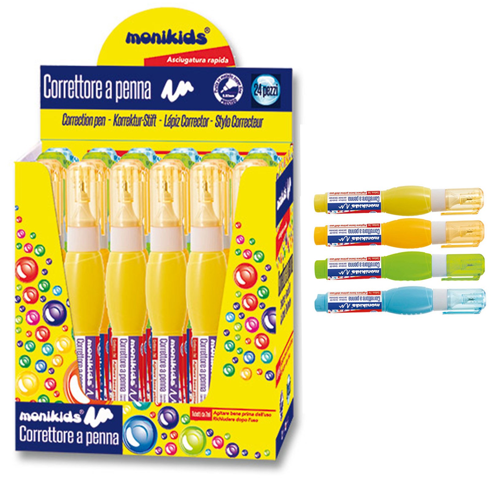 Correttori A Penna Aurora Monikids - Confezione Da 24, Punta In Metallo, Contenuto 7ml, Colorati, Asciugatura Rapida