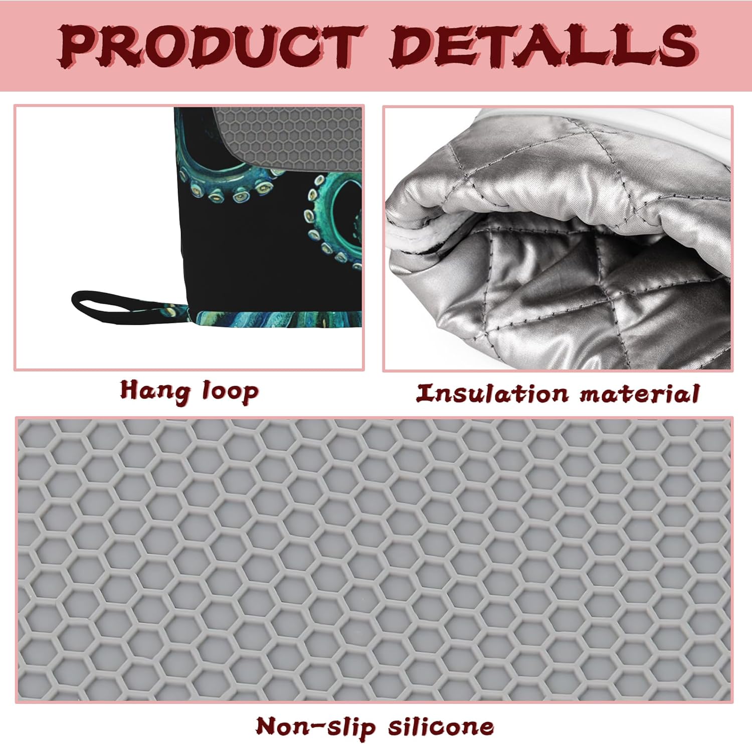 Octopus Silicone Oven Mitts and Pot Holders,Heat-Resistant 4 Piece Kitchen Set Non-Slip Oven Gloves and Hot Pads for Cooking, Baking, Grilling,BBQ