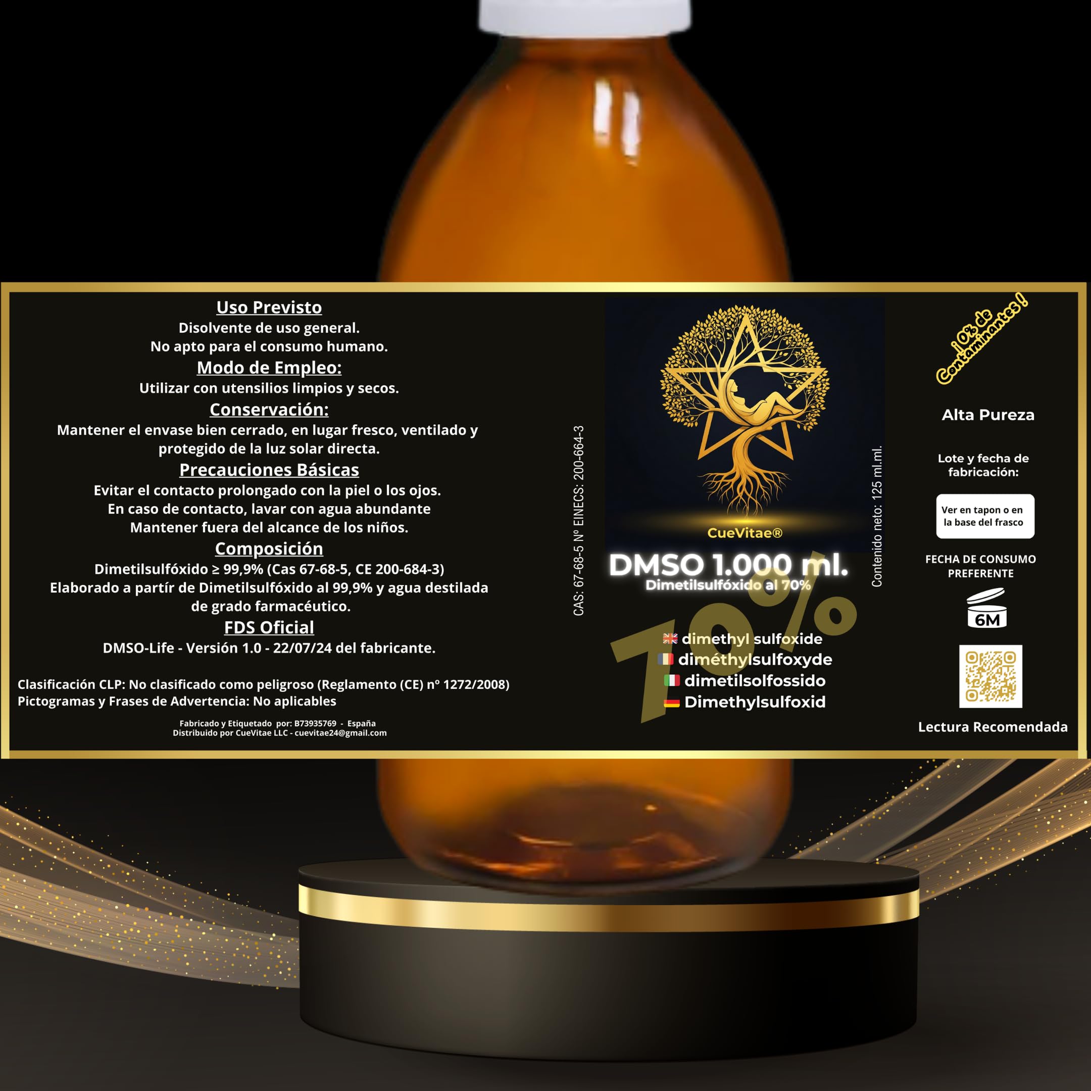 DMSO 70% 2x1000 ml | Dimetilsulfóxido | Vidrio | Lote de recipientes técnicos de precisión. Uso exclusivo laboratorio, solvente orgánico de alta pureza y uso general.