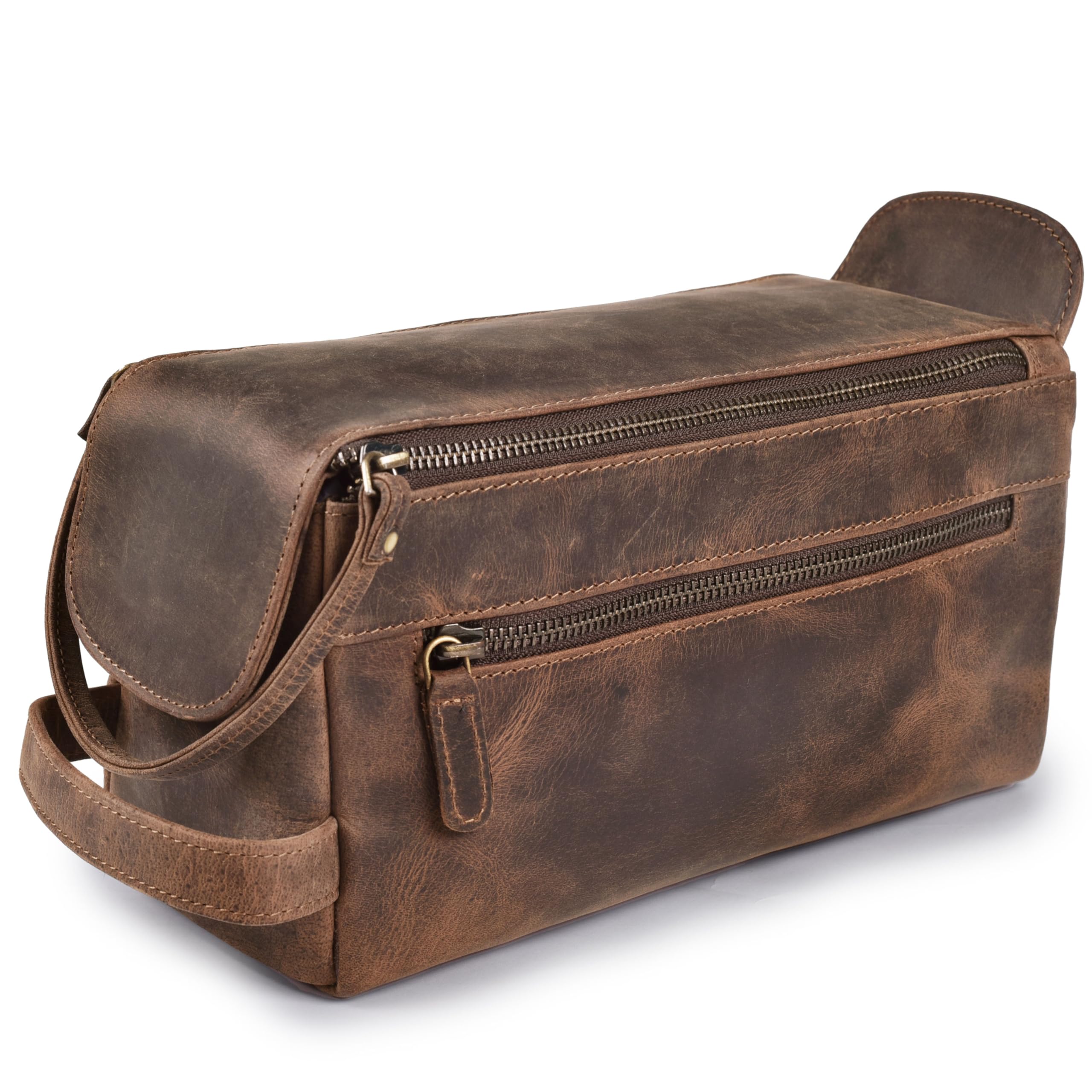 Leather & latch Premium Vintage Leder Unisex Kulturtasche Reise Dopp Kit Rasur & Kosmetik Organizer für Damen und Herren (Walnussbraun)