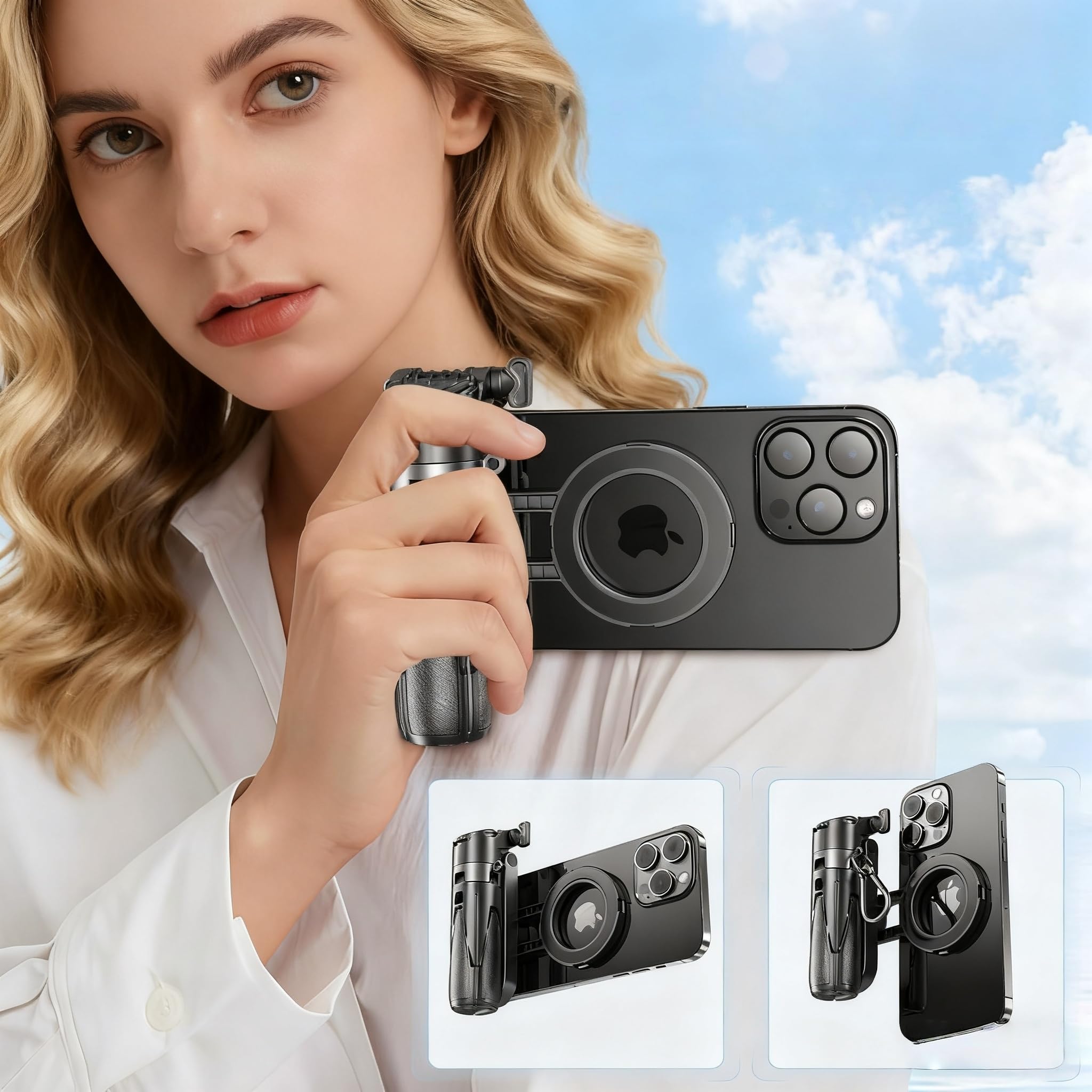Bastone per selfie magnetico multifunzione 4 in 1, rotazione a 360°, per iPhone/Android, treppiede portatile estensibile con telecomando staccabile, supporto universale per telefono e anello in