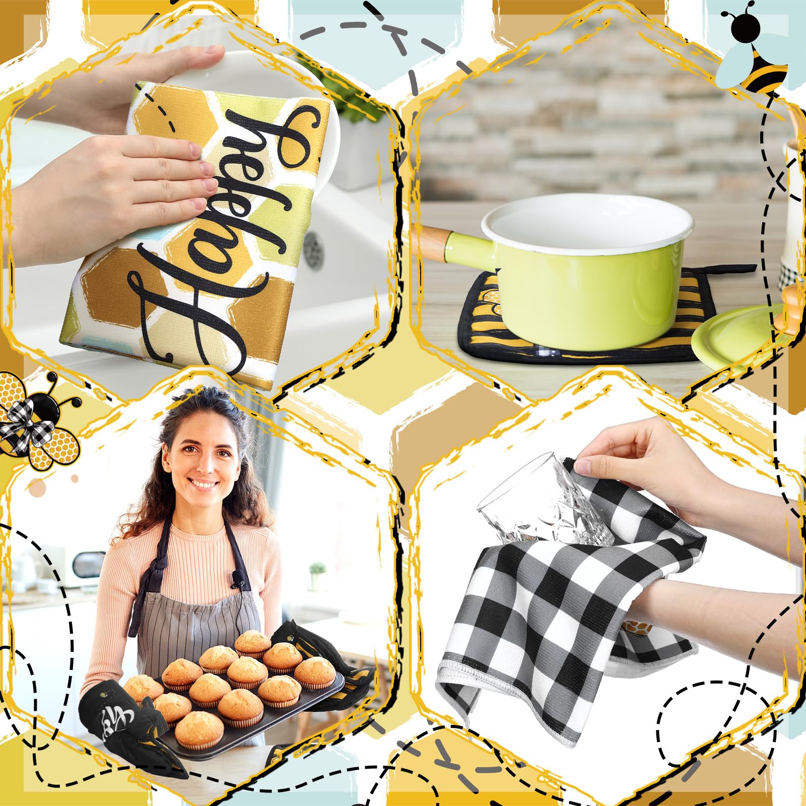 Juego de 6 toallas de cocina de abeja, decoración y accesorios de cocina, guantes florales para horno y soportes para macetas, paños absorbentes de cocina para cocinar, hornear y asar a la parrilla 7