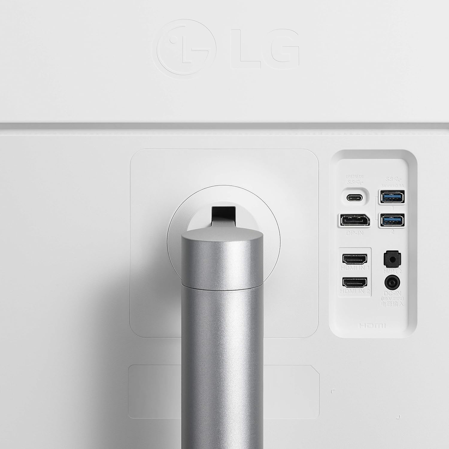 Арткы view of the LG 27UL850-W monitor showing various input ports including USB-C, HDMI, and DisplayPort.