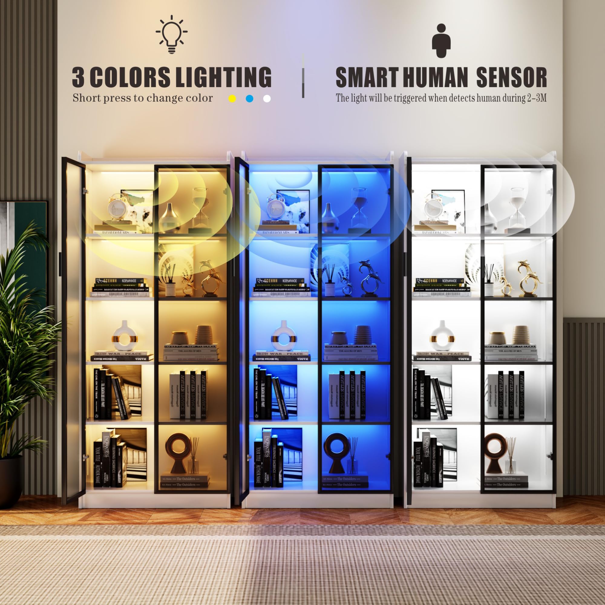 FREDEES Vitrine mit LED-Beleuchtung & Bewegungssensor, Weiß | 5 Ebenen, Verstellbare Einlegeböden, Für Figuren & Sammlerstücke, Wohnzimmer & Büro