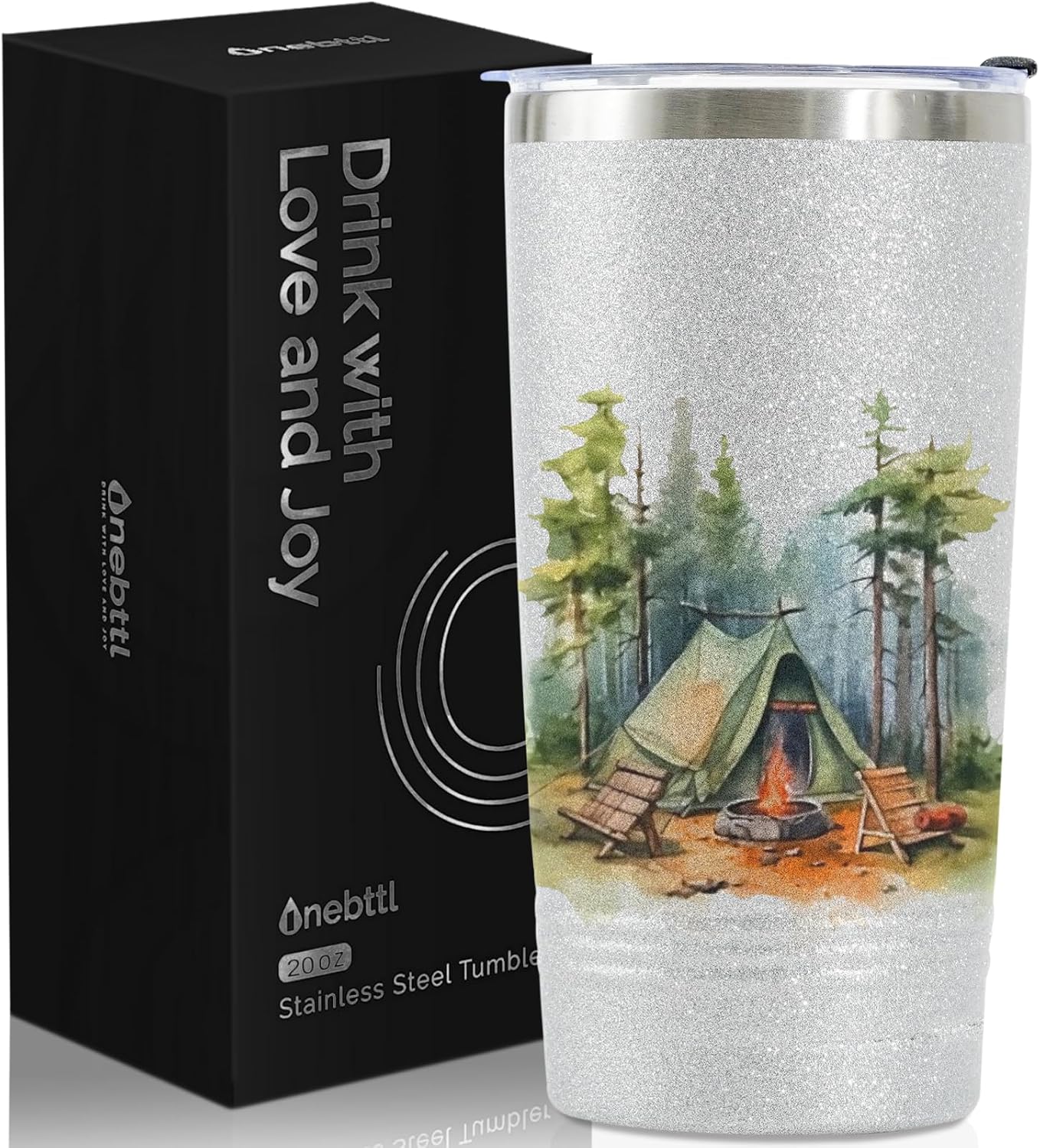 Onebttl Camping Gifts for Women, Men, Cool 20oz Stainless Steel Skinny Tumbler with Lid & Straw, Unique Gift for Camping Lovers - Silver