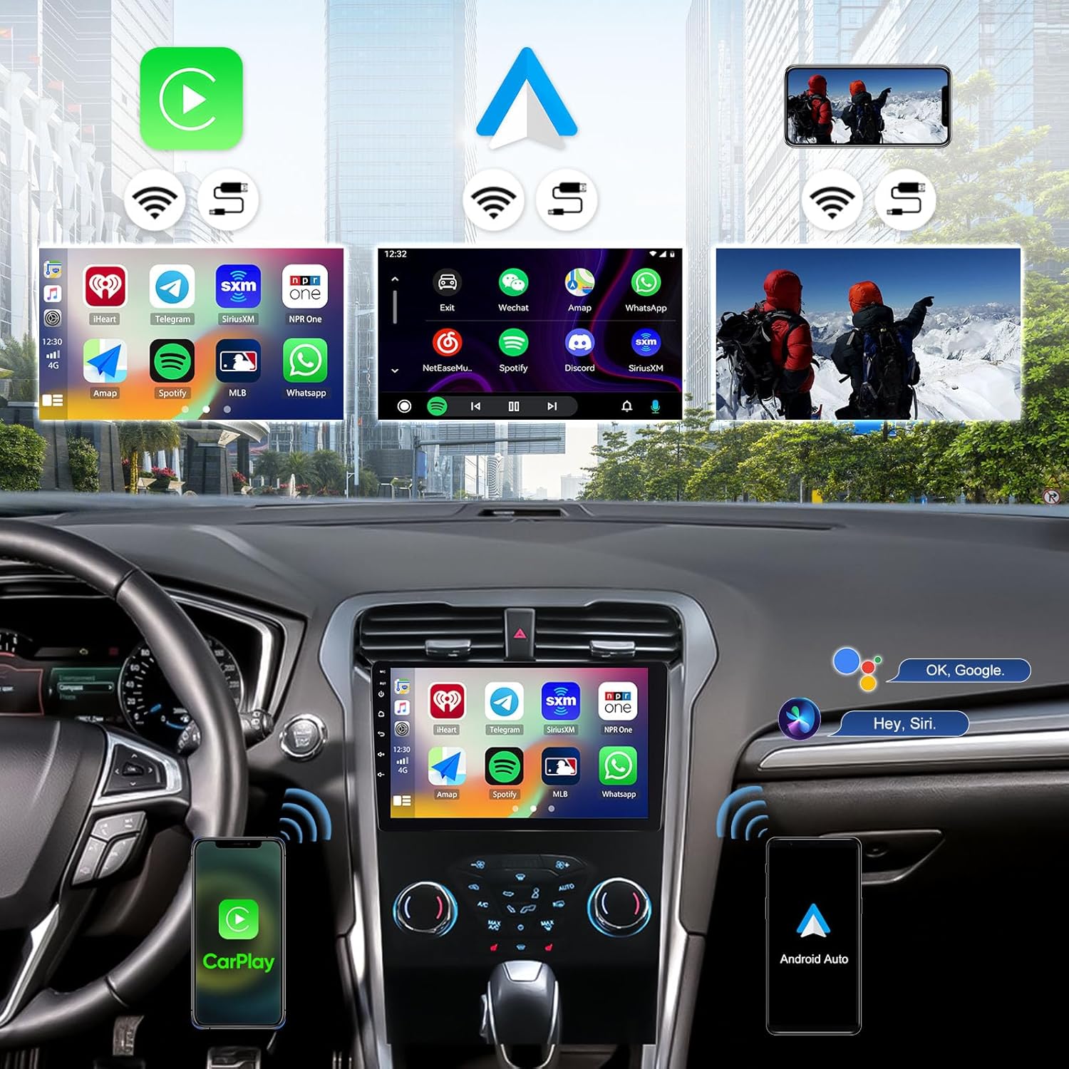 The car stereo display showing a GPS navigation map with route information and a Wi-Fi connection icon. Below, various app icons like YouTube, Netflix, and Facebook are shown, indicating internet connectivity.
