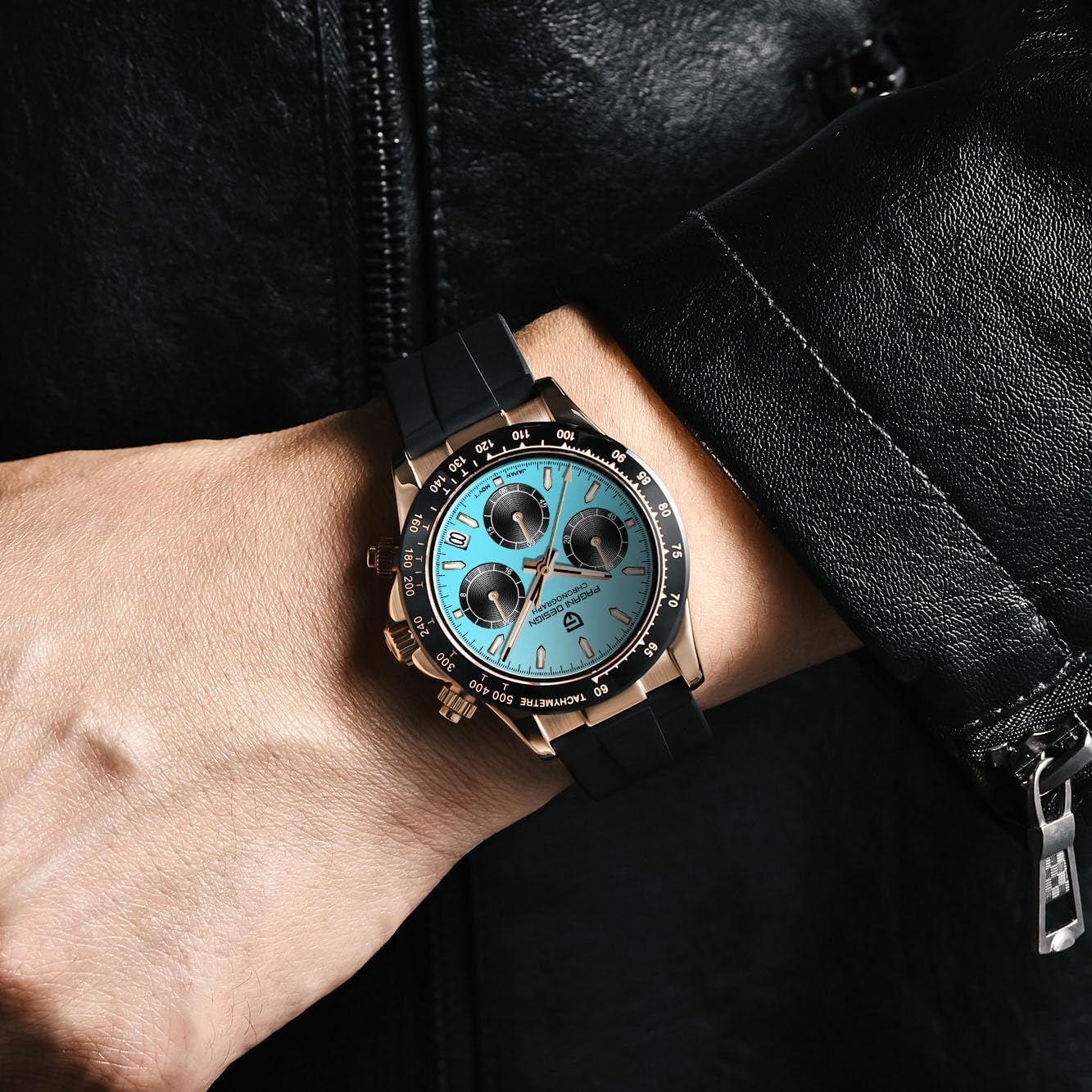 KALPADIVES Pagani Design PD-1664 watch on a wrist, showing the chronograph in action