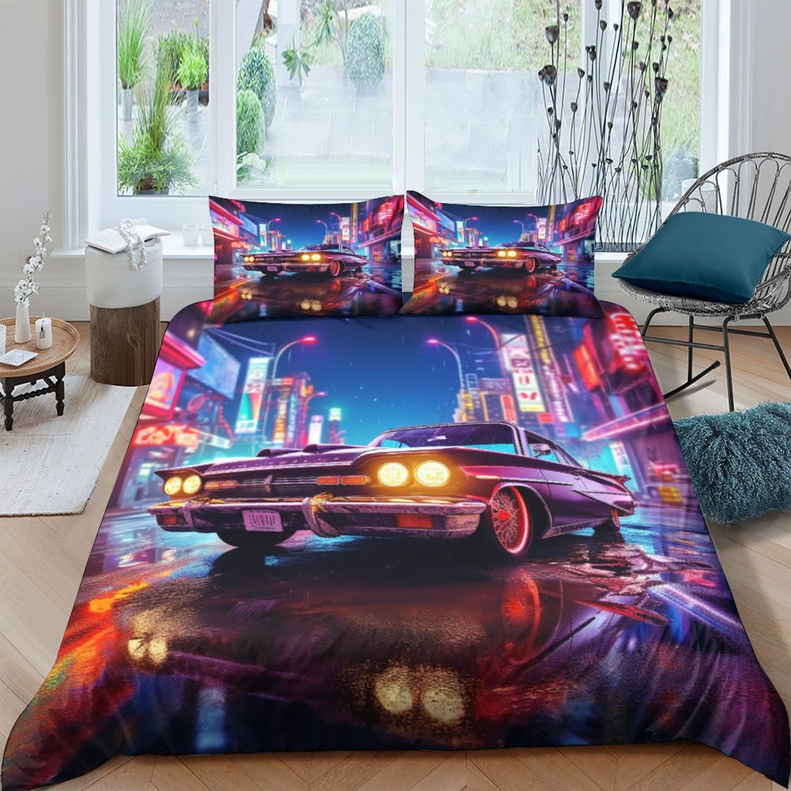 Parure de lit double 200x200cm anti-glisse avec fermeture éclair et motif voiture graffiti