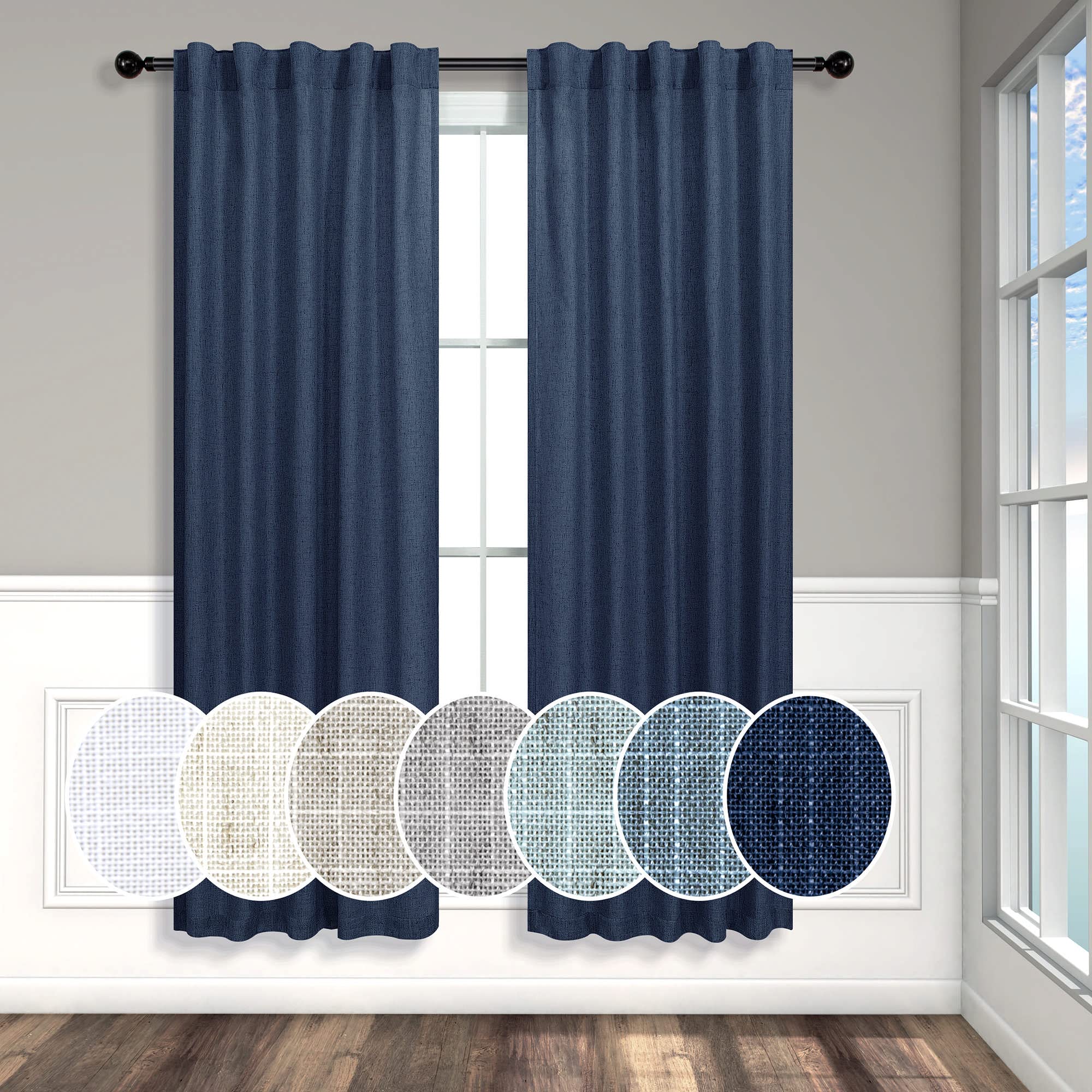 Navy Curtains 38 Inch Width for Kitchen Door 2 Panel Back Tab Pocket Semi Sheer Linen Light Filtering Skinny Small Window Curtain for Bedroom Closet