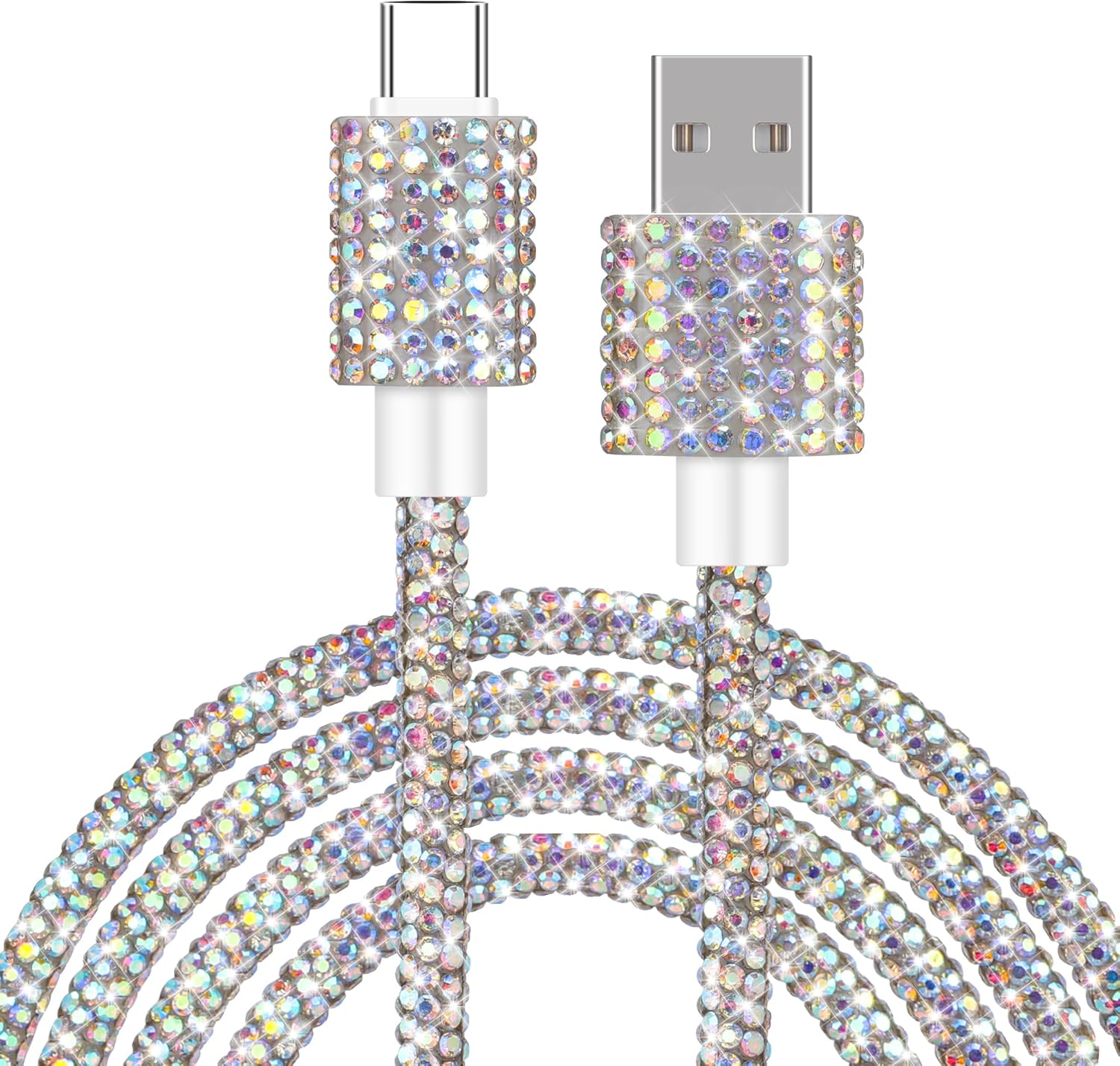 USB A to USB C/USB C to USB C/USB C to iPhone Charger Cable 3PCS with Pink and Black Bling Diamond Fast Charger Cable