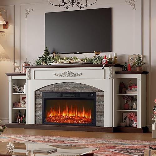 78" Electric Fireplace with Mantel, Fireplace TV Stand for TVs Up to 90 Inch,30'' Fire Place Insert Heater for Living Room,Farmhouse Entertainment Center with Storage for Bedroom