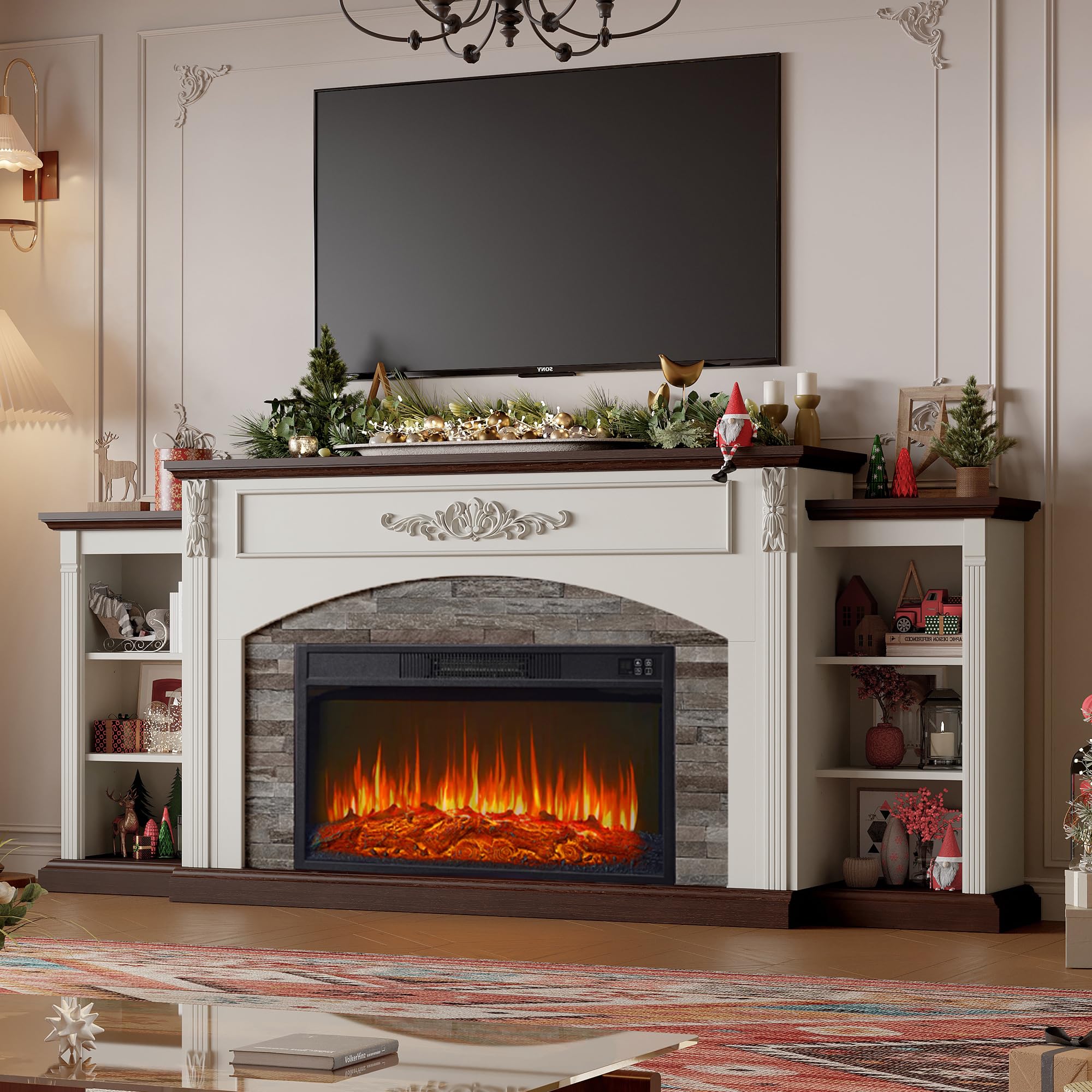80" electric fireplace with mantel, fireplace tv stand for tvs up to 90 inch,30” fire place insert heater for living room,farmhouse entertainment center with storage for bedroom (only fireplace)