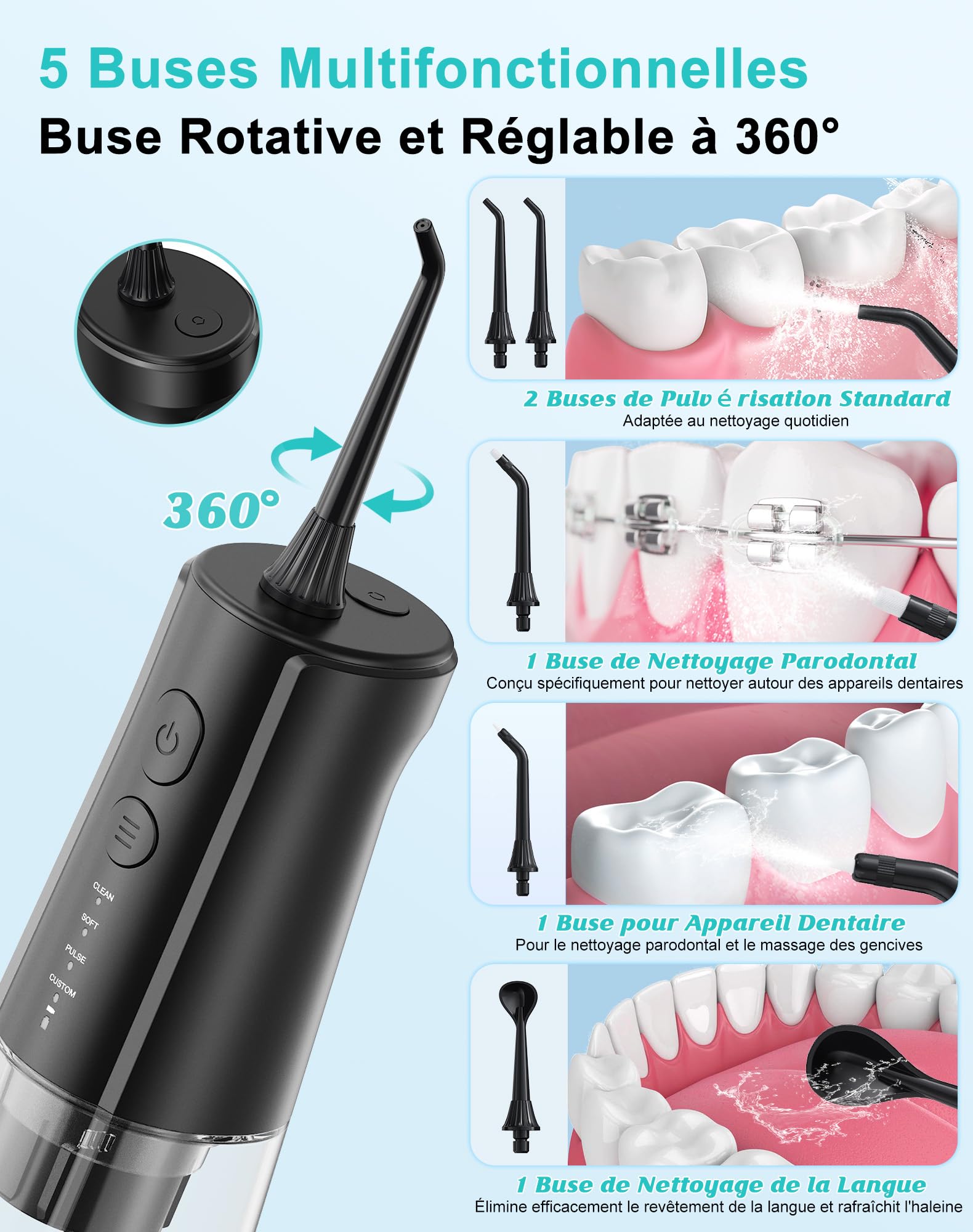 Jet Dentaire Hydropulseur Portable DIY, Hydropulseurs et Irrigateurs 5 Modes et 3 Intensités, Réservoir 300ML et Base Amovible, USB Chargé, Étanche IPX7, Sans BPA, Silencieux (Noir-01)