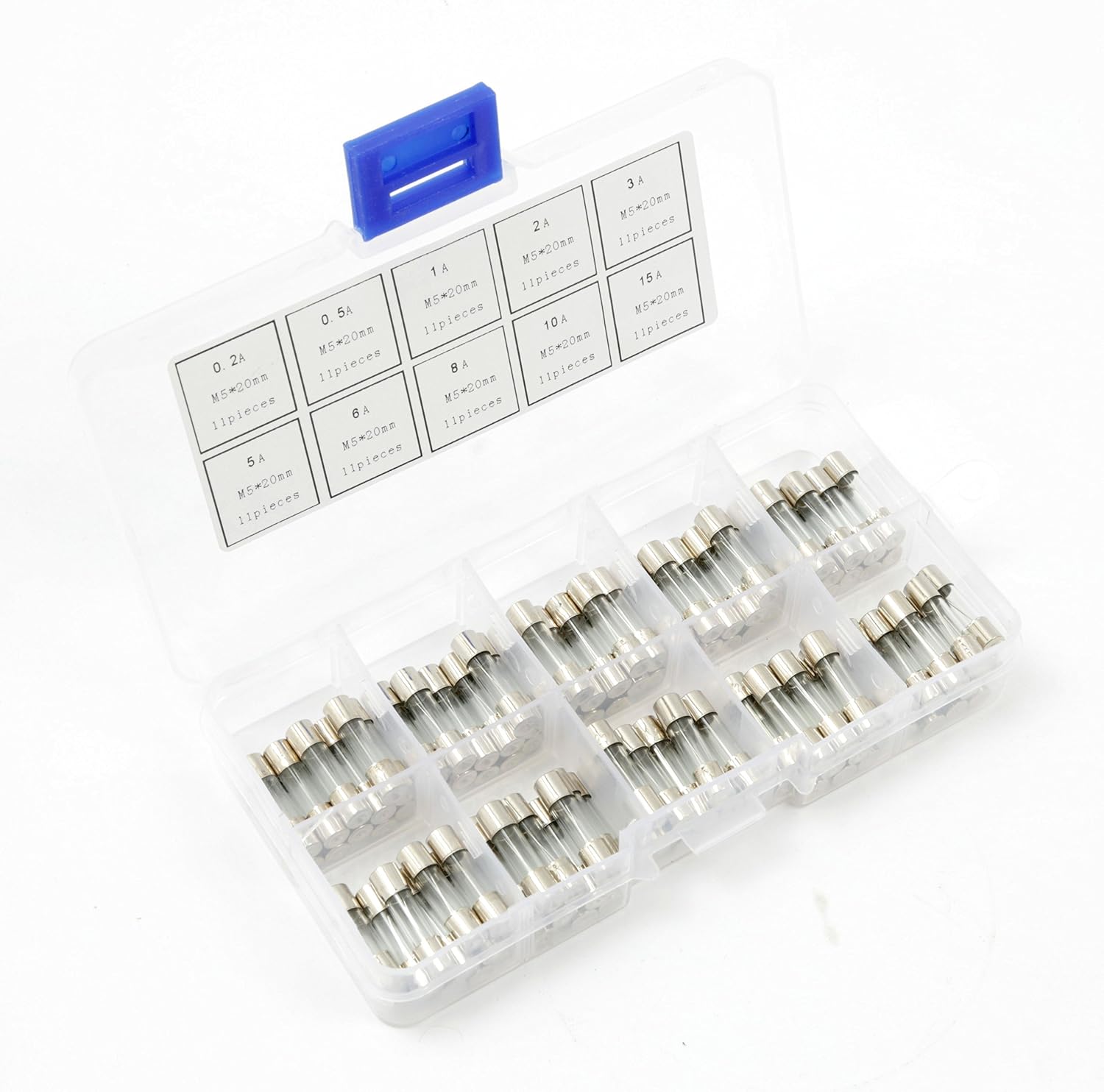 Ginsco 110pcs 5x20mm Quick Blow Glass Tube Fuse Assorted Kit Amp 0.2A 0.5A 1A 2A 3A 5A 6A 8A 10A 15A