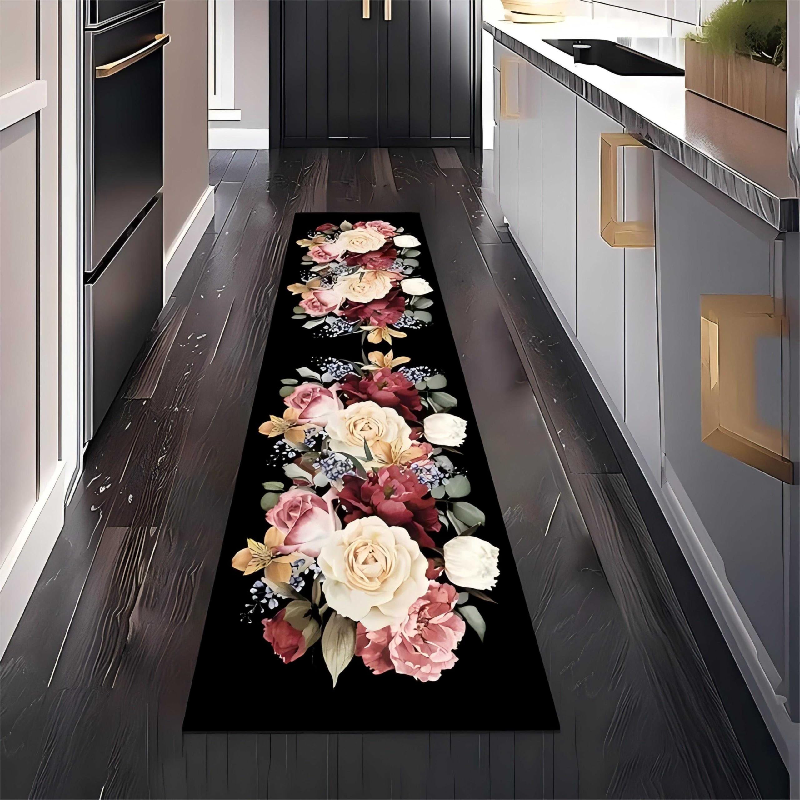 Kuluoits Vintage Floral Hallway Runner Rug,80x200cm, Stylish Luxury Rose Peony Floral Long Hallway Rugs, 3D Printed Black Kitchen Runner Machine Washable Rugs for Living Room Bedroom Kitchen โ image 1