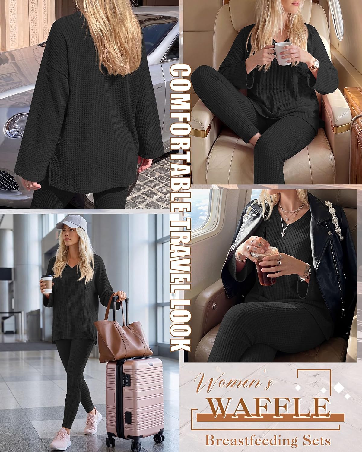 Neer 2 Pcs Maternity Nursing Pajamas Sets Waffle Breastfeeding Postpartum Outfits Oversize Long Sleeve Shirts Legging Pants