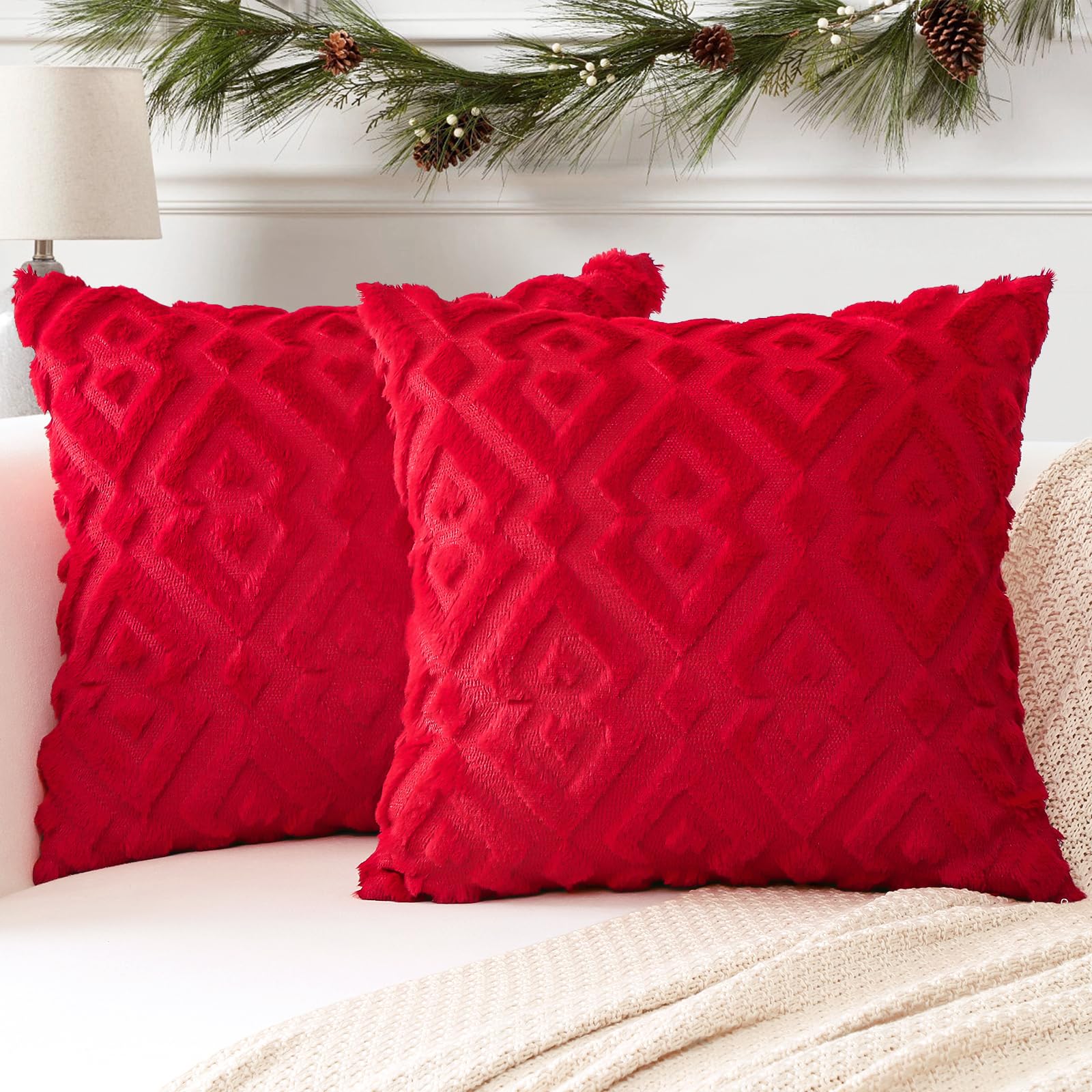 Artscope Juego de 2 Fundas de Cojines de Terciopelo Cojines de Sofá Funda de Almohada Decorativo Suave para Sofá Dormitorio Oficina Salón Geométrico Rojo, 45x45cm
