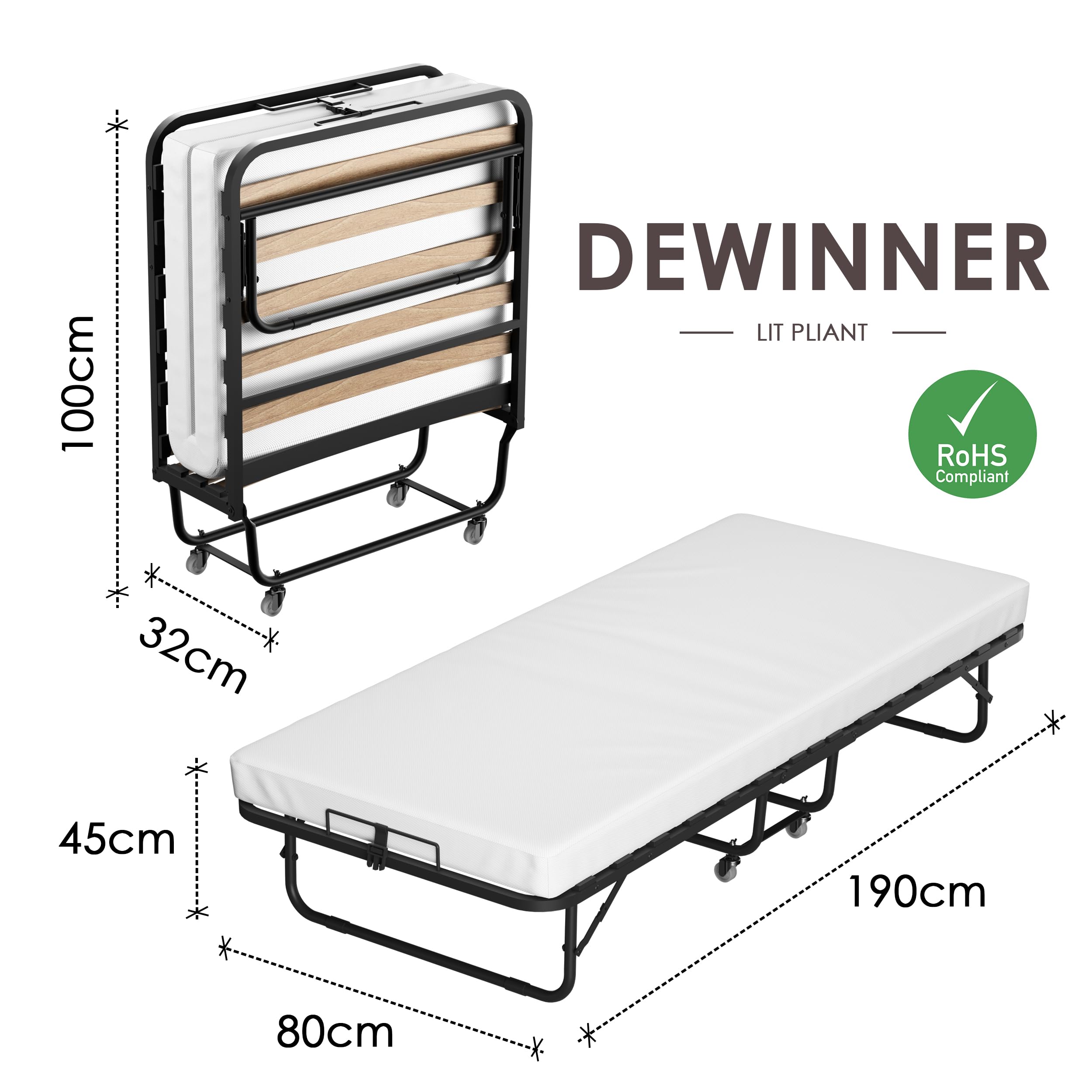 DEWINNER Lit Pliant 80x190 cm avec Matelas de 10cm, Lit Pliable 1 Personne Adulte pour Cadre de lit en sommier 80x190，Certification RoHS & Pro 65, 4 roulettes, Facile à Transporter et 2 Min Assembler
