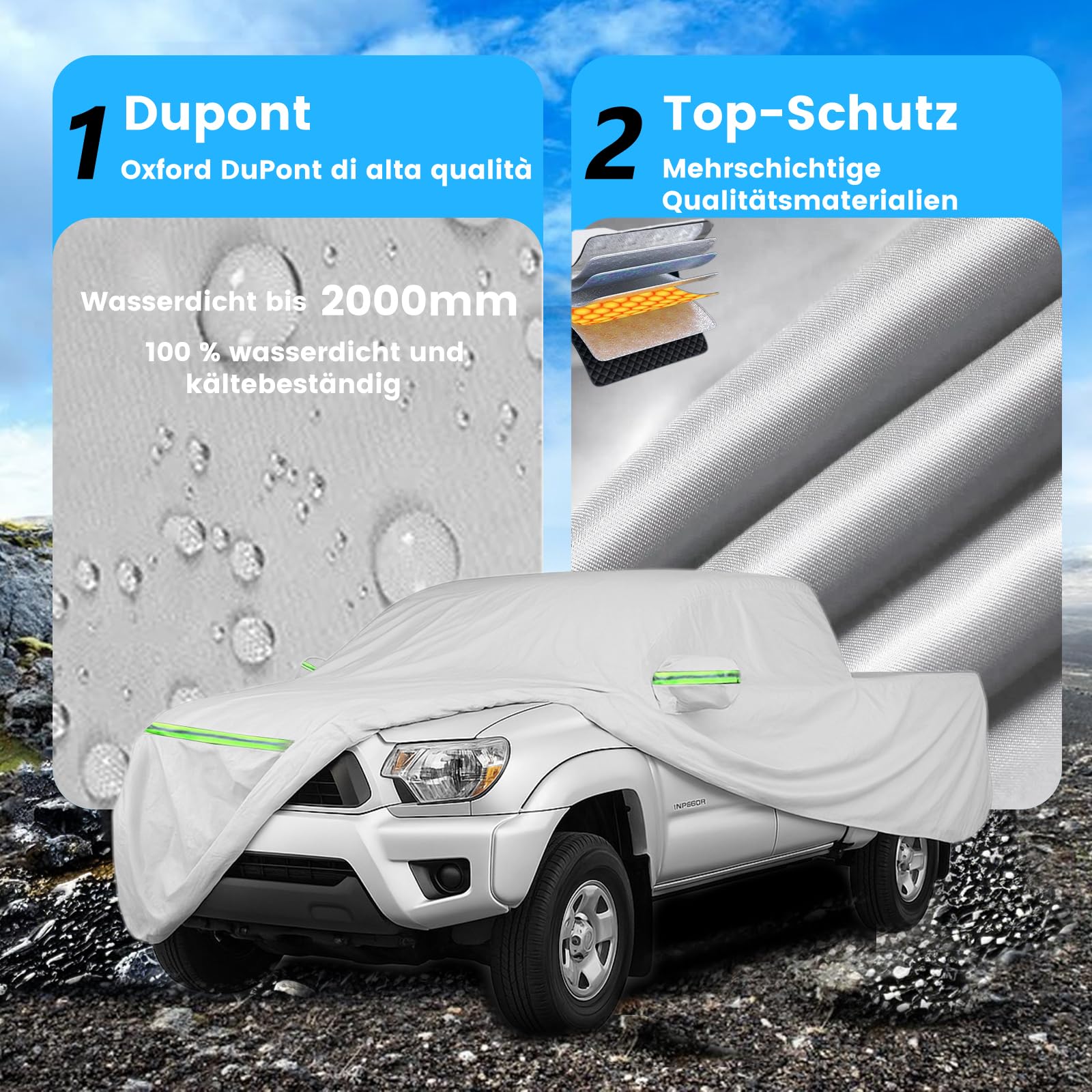 Autoabdeckung für Pickup - Dupont Oxford Ganzgarage für Pickup, Wetterfest, UV-Beständig, Rundum Schutz für Alle Jahreszeiten, Passend für Gängige Pickups wie Hilux, Ranger, Navara, Amarok, Grau