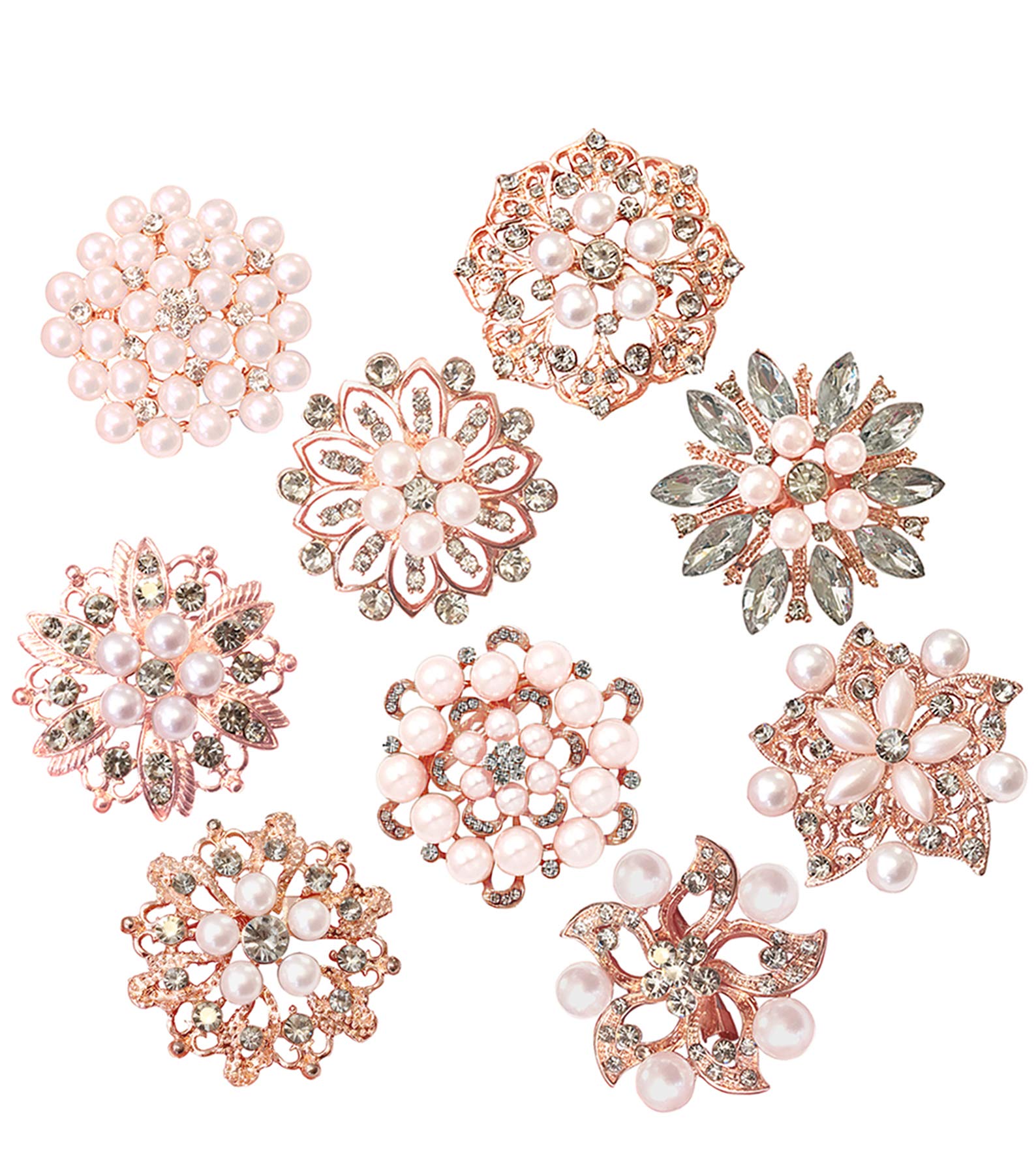 9pcs Set Rose Gold Gorgeous Luxury Sparkling Rhinestone Brooches, Kyezi Design & Craft Big Pearl Crystal Wedding Bouquet Kit DIY Set Invitation
