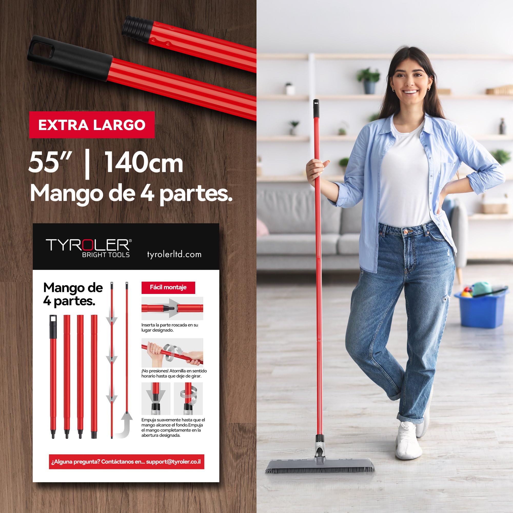 Tyroler Escoba de Goma para Suelo y Haragán 2 en 1 | 40 cm Cabezal de Silicona 100% | 140 cm Mango de Aluminio de 4 Piezas para Escoba de Silicona | Escobas Silicone Suelo